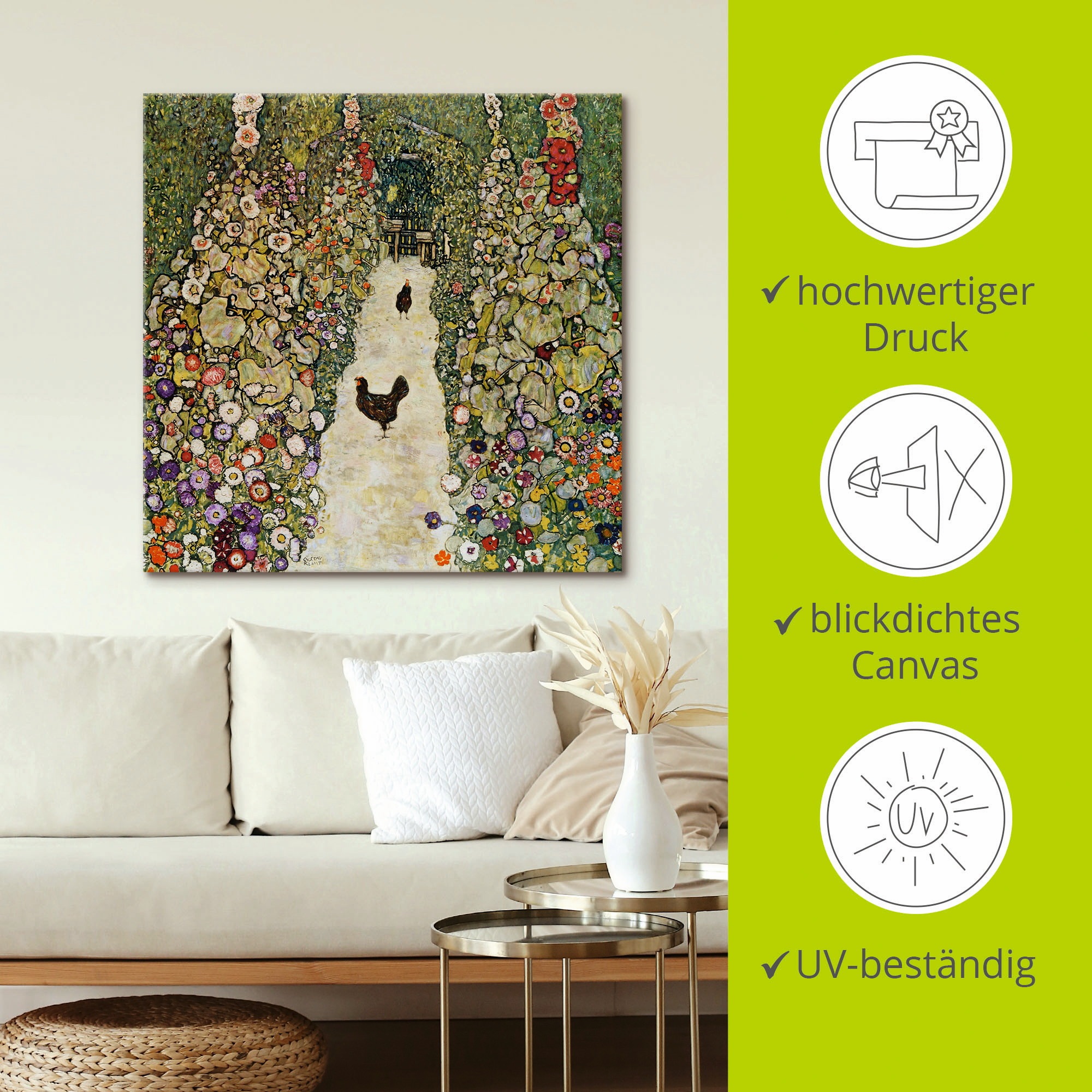 Artland Leinwandbild »Gartenweg mit Hühnern«, Vögel, (1 St.), auf Keilrahmen gespannt