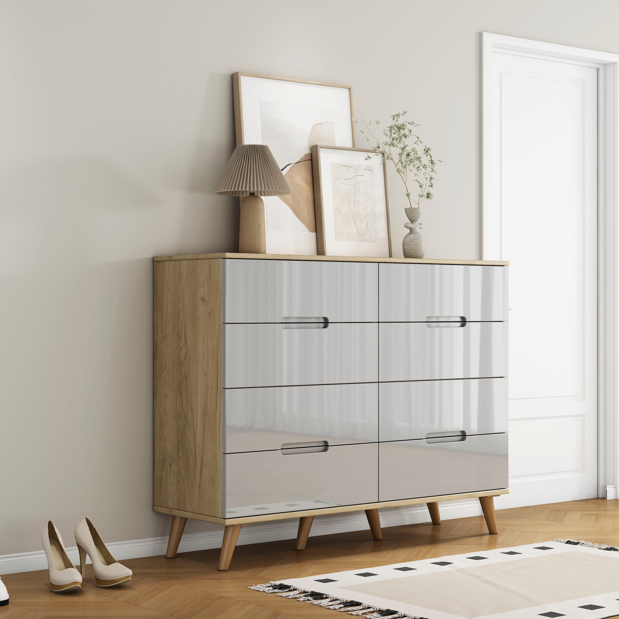 OTTO home Kommode »Lund« mit glänzenden Fronten, Griffmulden, helles Holzdekor, Breite 120 cm