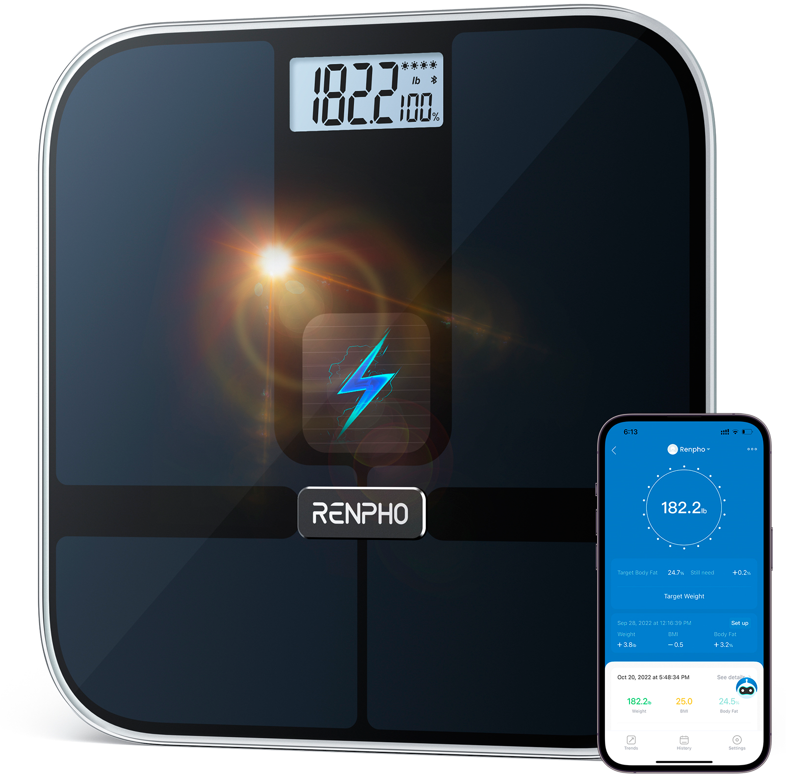 Renpho Körper-Analyse-Waage »Elis Solar 2 Smart Body Scale A020«, Smarte Solar-Körperanalysewaage mit 13 Körpermessungen