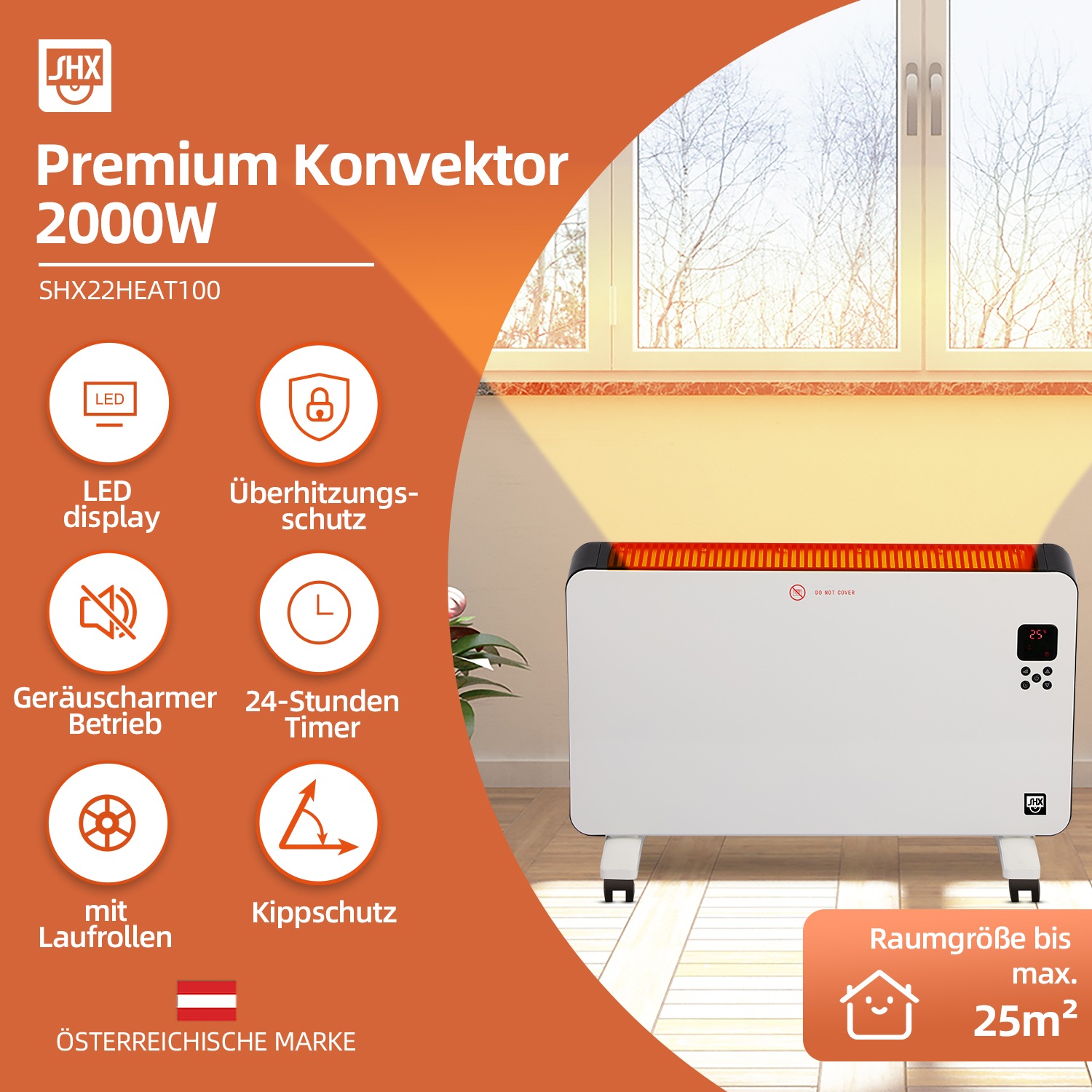 SHX Konvektor, 2000 W, Display, Timer, Rollen