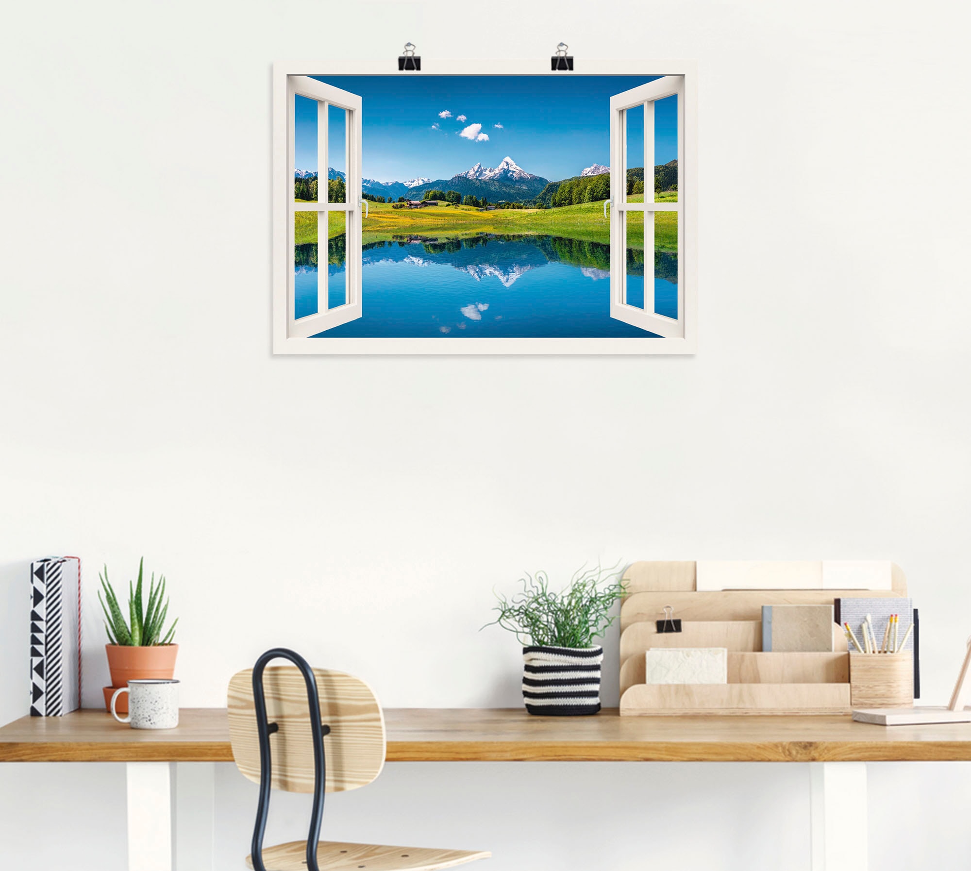 Artland Wandbild »Fensterblick Alpen und Bergsee« Berge 1 Stk. tlg. als Leinwandbild, Poster, Wandaufkleber in verschied. Größen