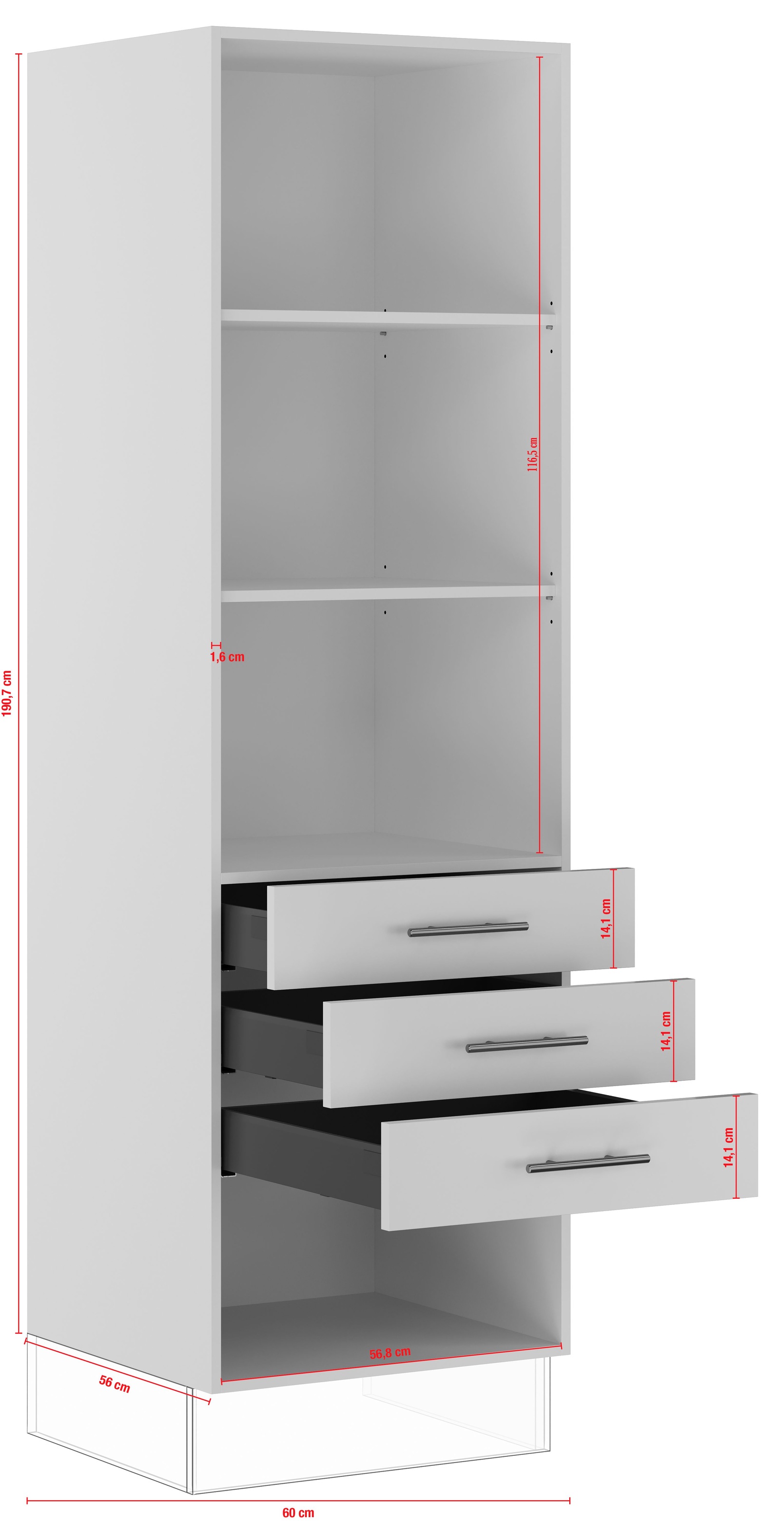 IMPULS KÜCHEN Seitenschrank »"Prag", Breite/Höhe: 60/190,7 cm, mit Soft-Close« vormontiert, mit Schubkästen, mit verstellbaren Fachböden