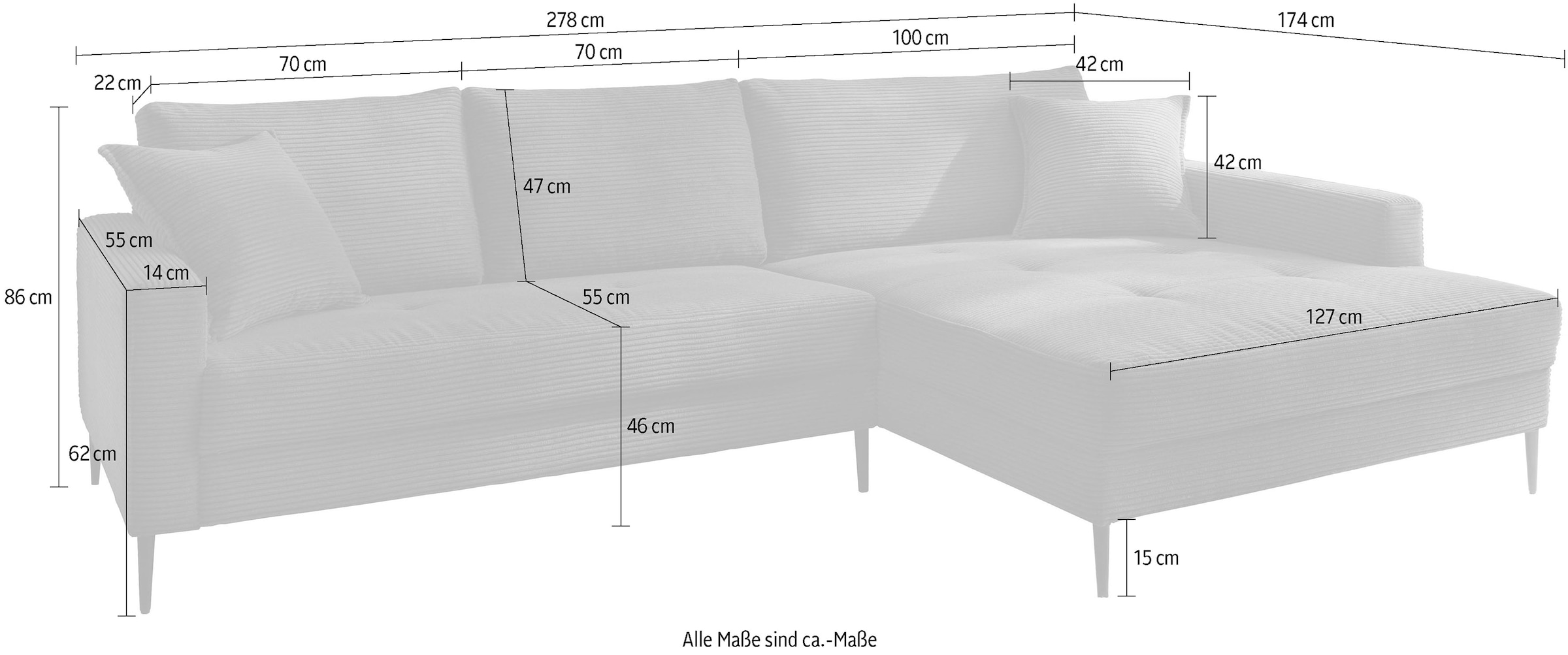 Trends by HG Ecksofa »Summer L-Form«, in Cord-Stoff mit Metallfuß