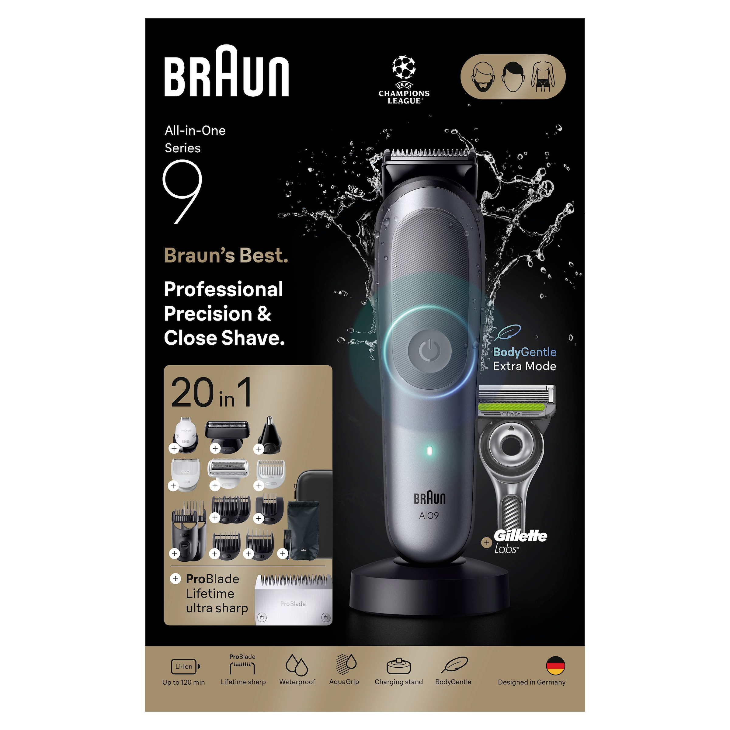 Braun Haarschneider »Series 9 AIO9540« 16 Aufsätze 20-in-1, BodyGentle Modus, 120 Min Akku, Gillette Labs Rasierer, Grau