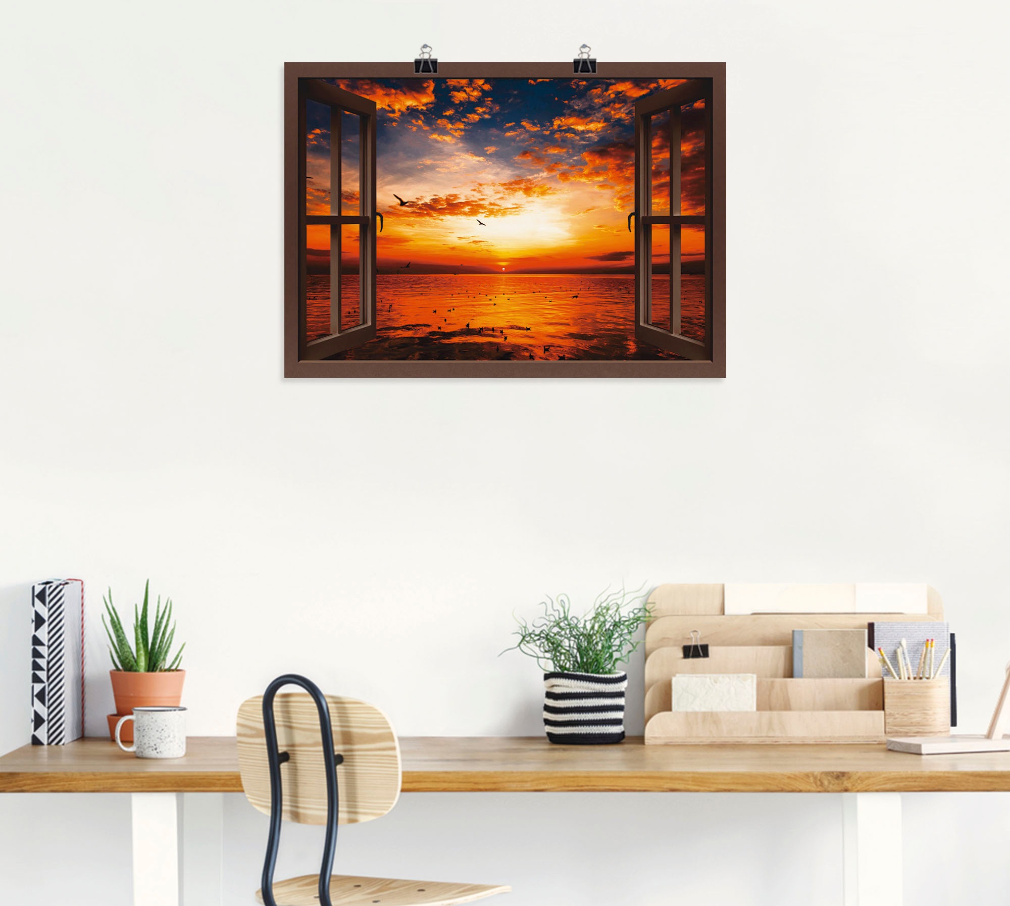 Artland Wandbild »Fensterblick Sonnenuntergang am Strand«, Fensterblick, (1 St.), als Leinwandbild, Poster, Wandaufkleber in verschied. Größen