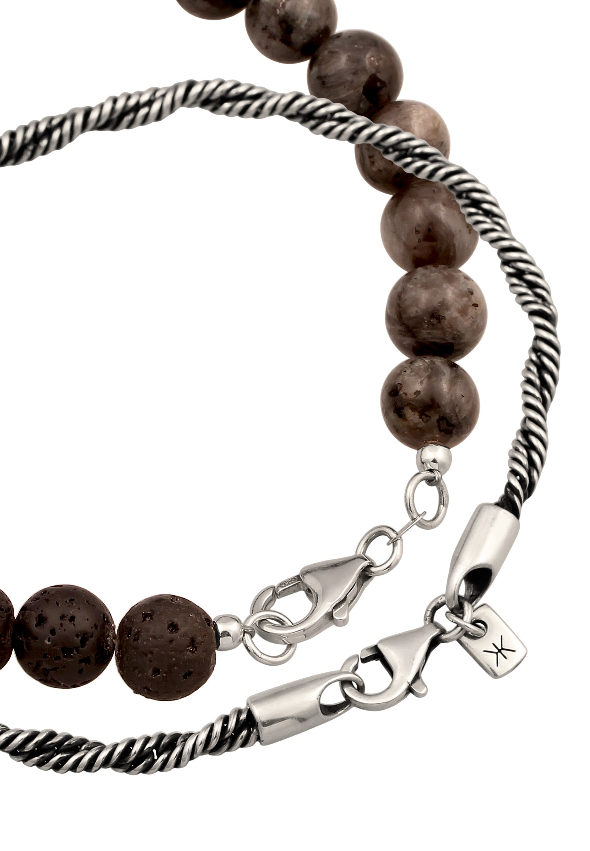 Kuzzoi Armkette »Armband 2er Set Lavaperlen Kordelkette 925 Sterling Silber Oxidiert«