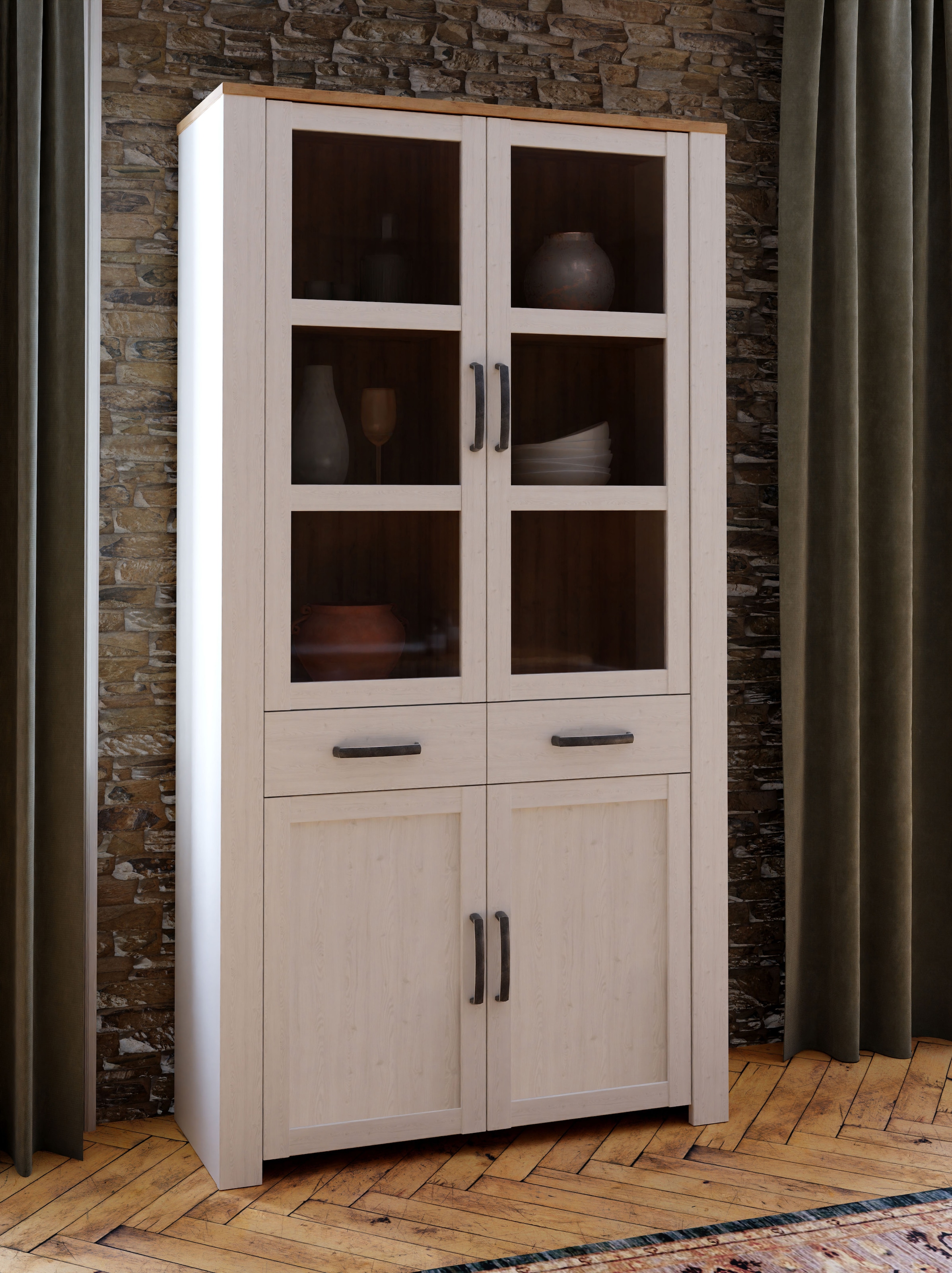 FORTE Highboard »Bohol, Vitrine mit Glastüre, viel Stauraum« B/H/T 106,4/205,4/42 cm Beleuchtung optional bestellbar