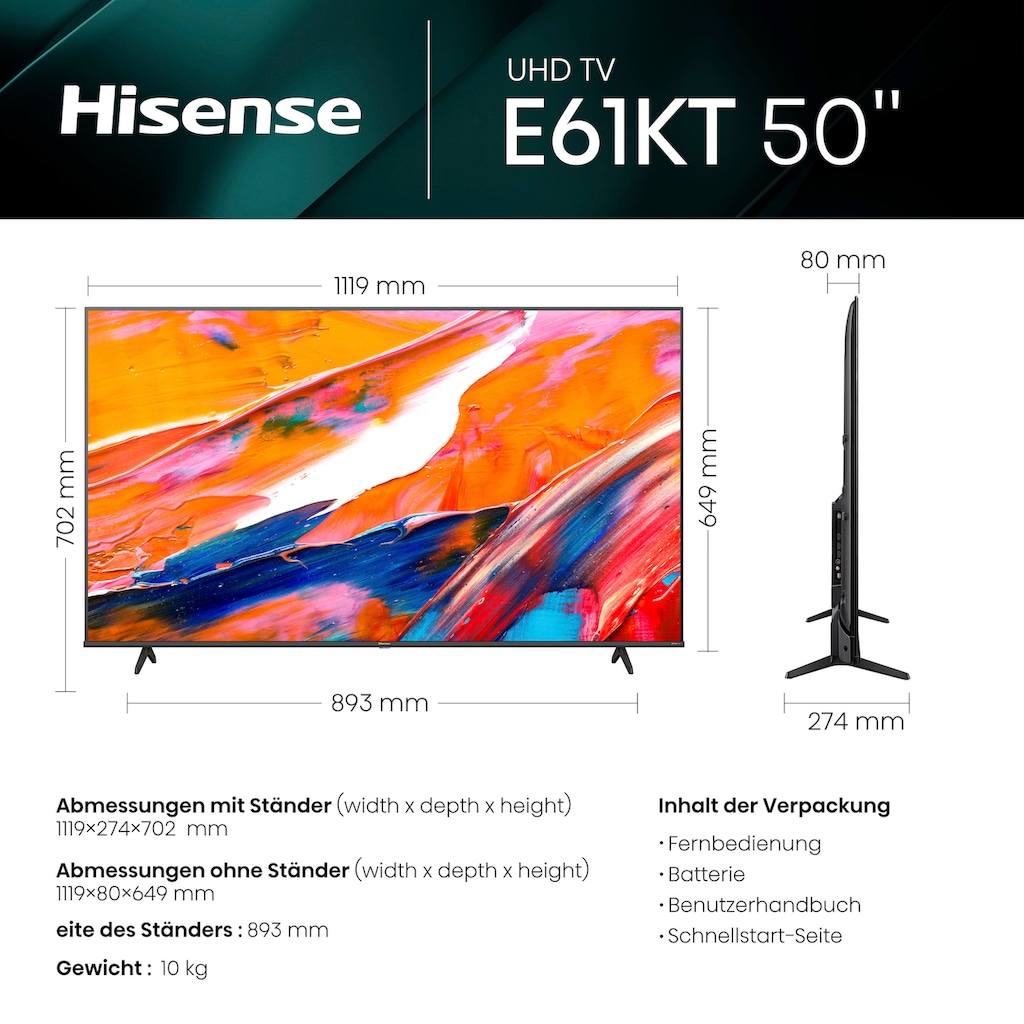 Hisense LED-Fernseher »50E61KT«, 127 cm/50 Zoll, 4K Ultra HD, Smart-TV, Smart-TV, Dolby Vision, Triple Tuner DVB-C/S/S2/T/T2