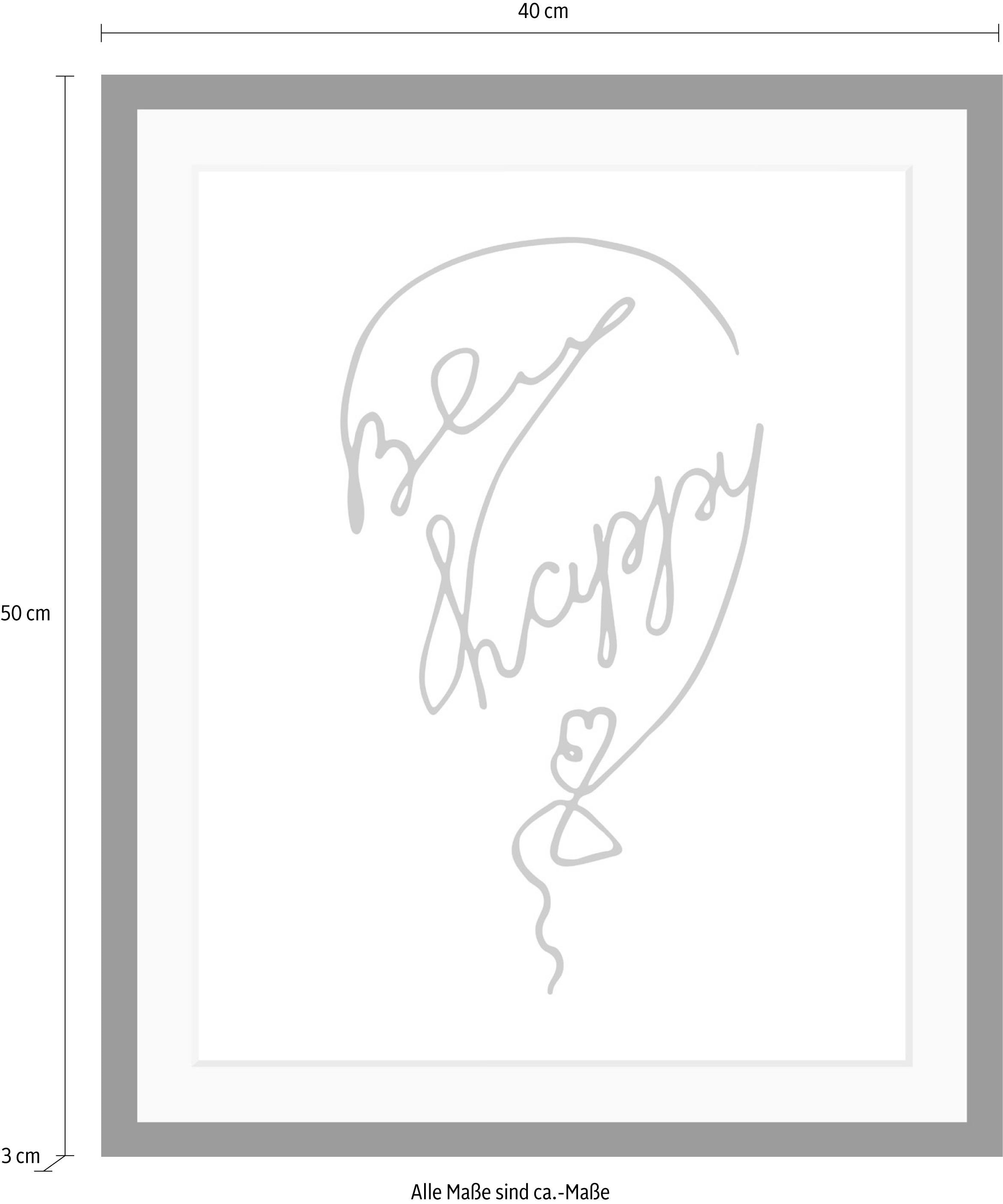 queence Bild »Be Happy«, Schriftzug-Schriftzüge-Herz-Herzbilder-Motivationsbilder, HD Premium Poster-Druck inkl. Holzrahmen