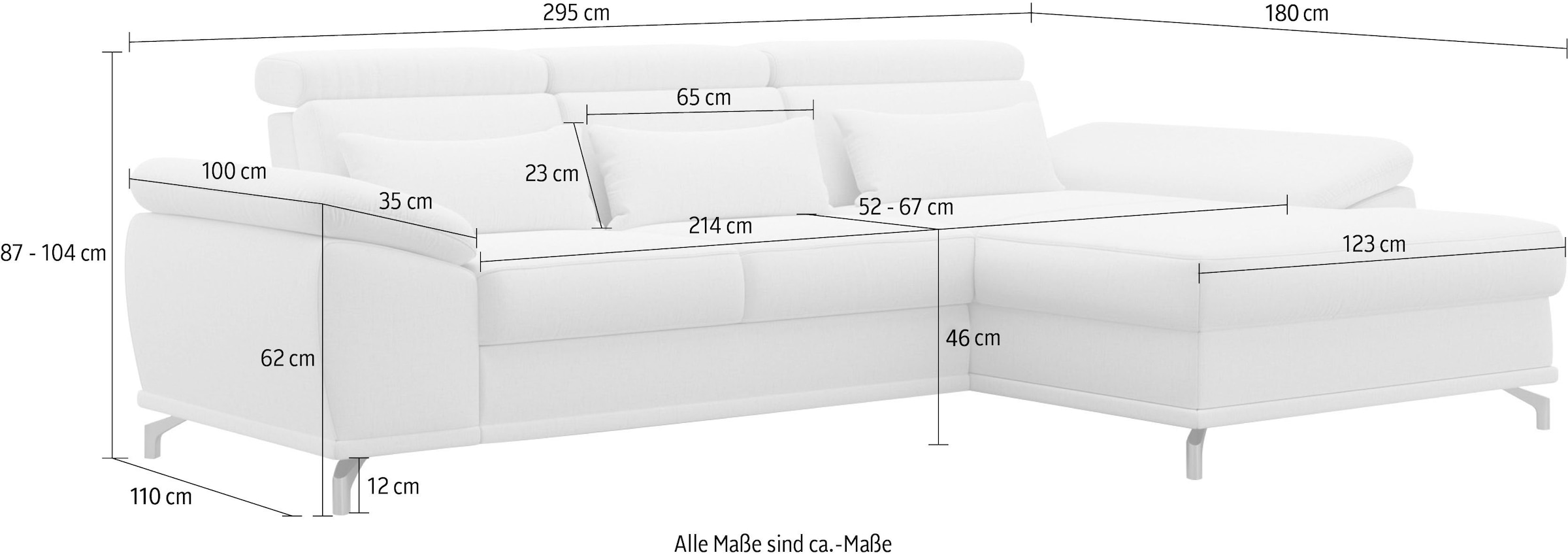 sit&more Ecksofa »Cabrio L-Form, B: 295 cm, mit Sitztiefen-, Arm- & Kopfteilverstellung«, 2 Nierenkissen, Federkern, optional Bettfunktion und Stauraum