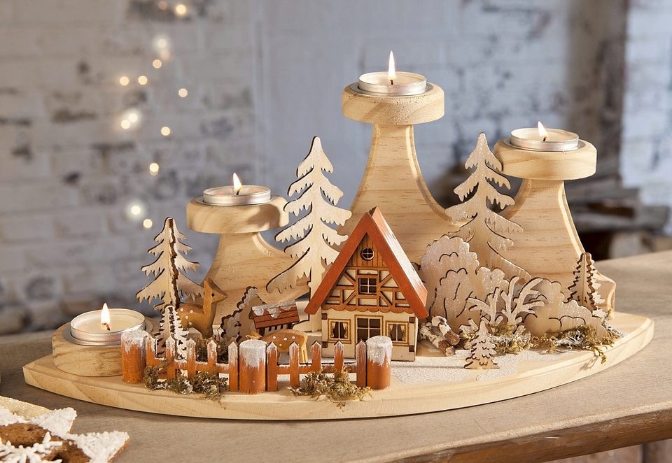 Home affaire Teelichthalter »Winterlandschaft, Weihnachtsdeko aus Holz«, (1  St.), Adventsleuchter für 4 Teelichter, Breite ca. 37 cm bei OTTO | Schwibbögen