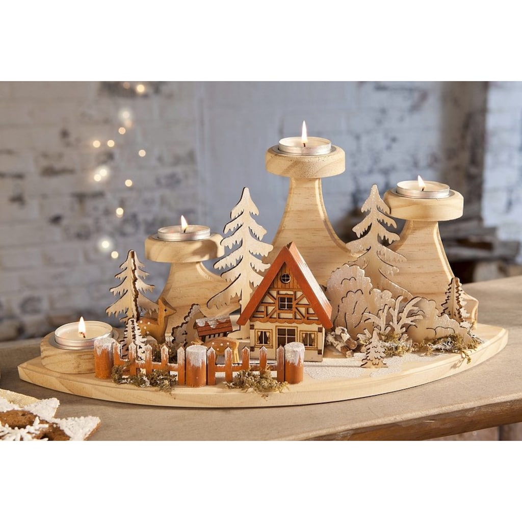 Home affaire Teelichthalter »Winterlandschaft, Weihnachtsdeko aus Holz«, (1 St.)