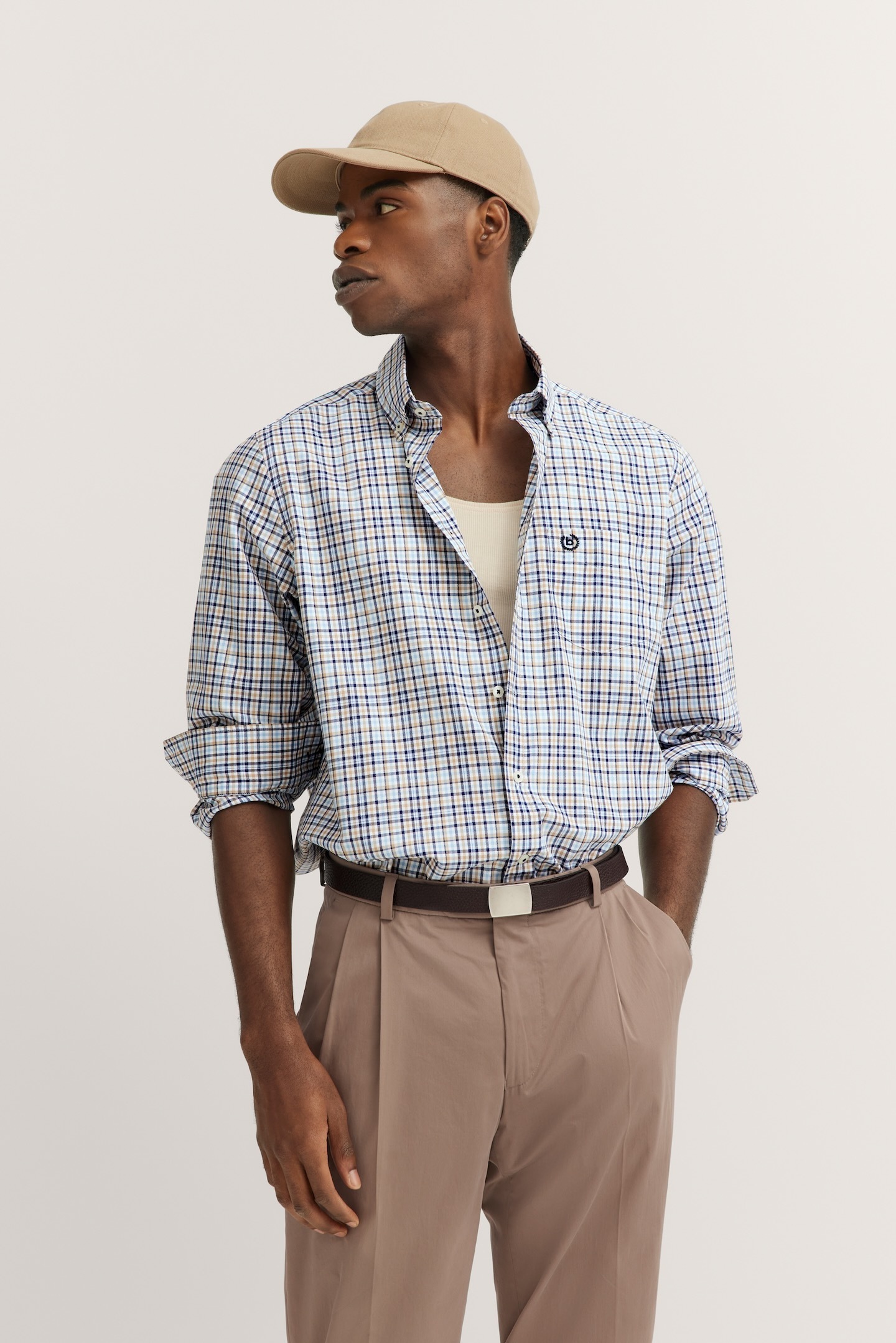 Bugatti Herren Langarmhemd mit Karo-Muster in beige, Größe 4XL