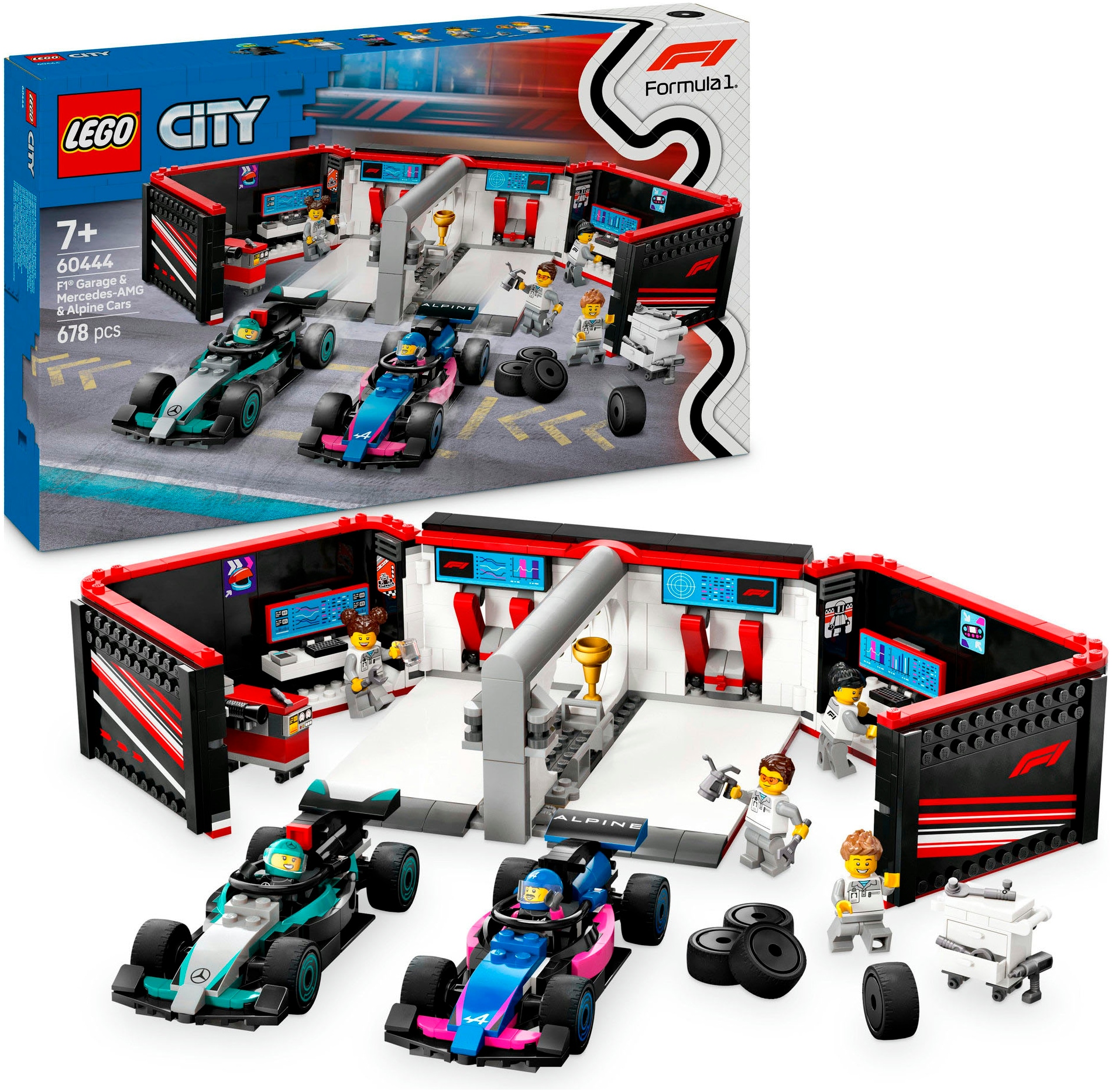 LEGO® Konstruktionsspielsteine »F1® Garage mit Mercedes-AMG & Alpine Rennautos (60444), LEGO City«, (678 St.), Made in Europe