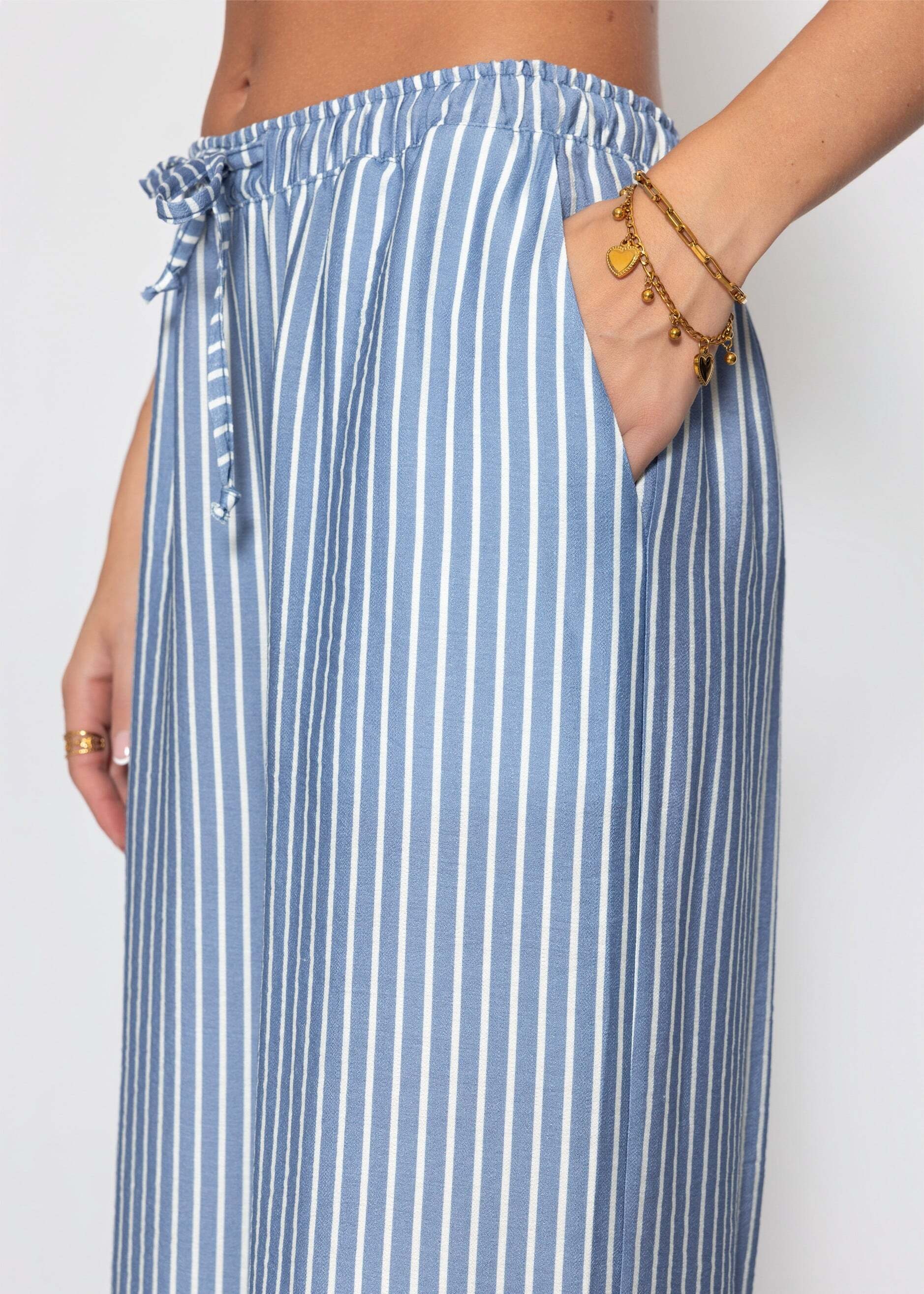 SASSYCLASSY Stoffhose »Wide Leg Hose mit Streifen und Bindeband«  Fließende Stoffhose mit Eingriffstaschen in High Waist Sitz Blau