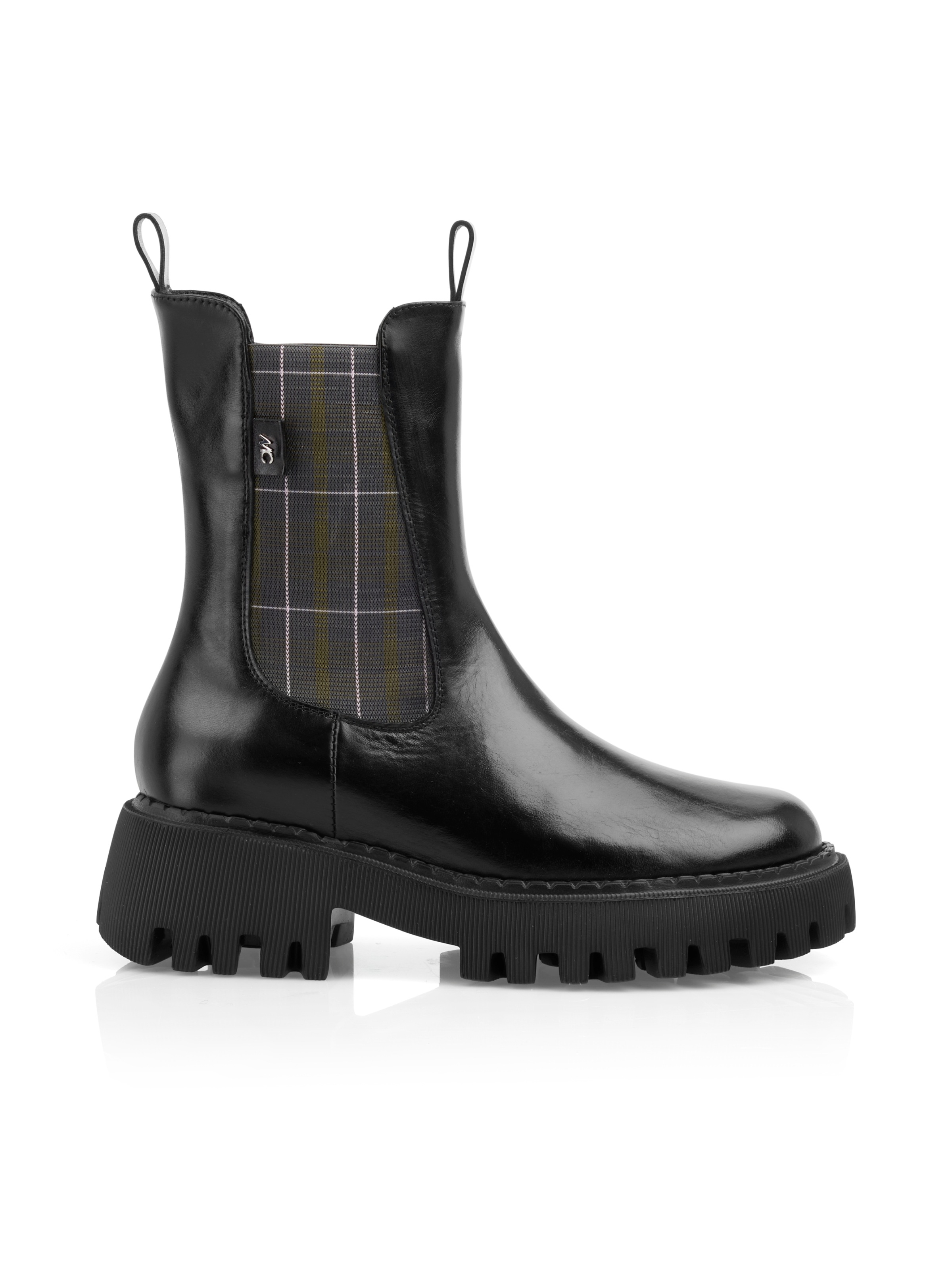 Marc Cain Chelseaboots  Blockabsatz, Stiefelette mit karierten Stretcheinsätzen