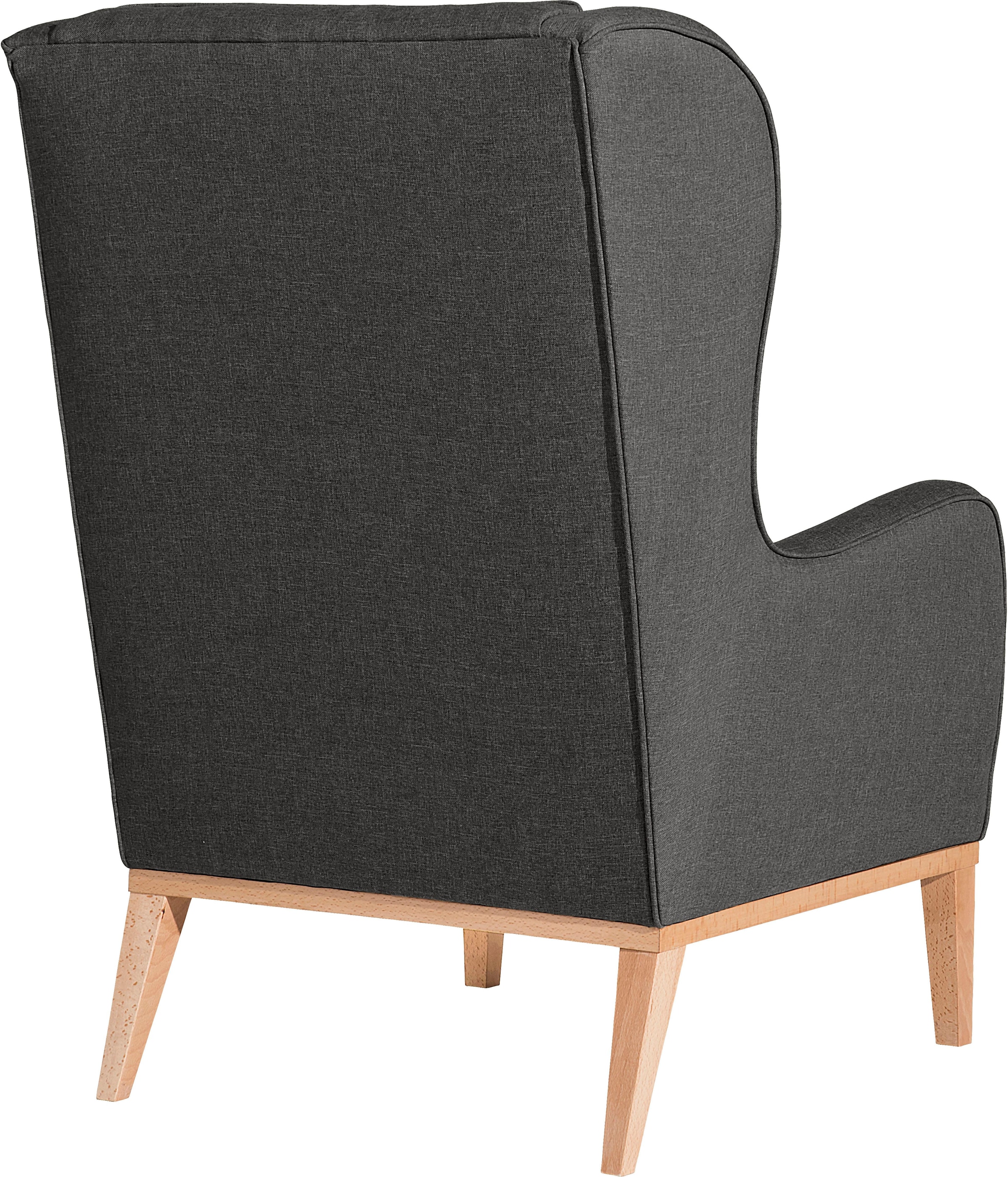 Max Winzer® Ohrensessel »Anthony eleganter Hochlehner, Designsessel, bequem und komfortabel«, mit umlaufendem Holzsockel & Kedernaht, Solitärmöbel mit hohem Holzfuß