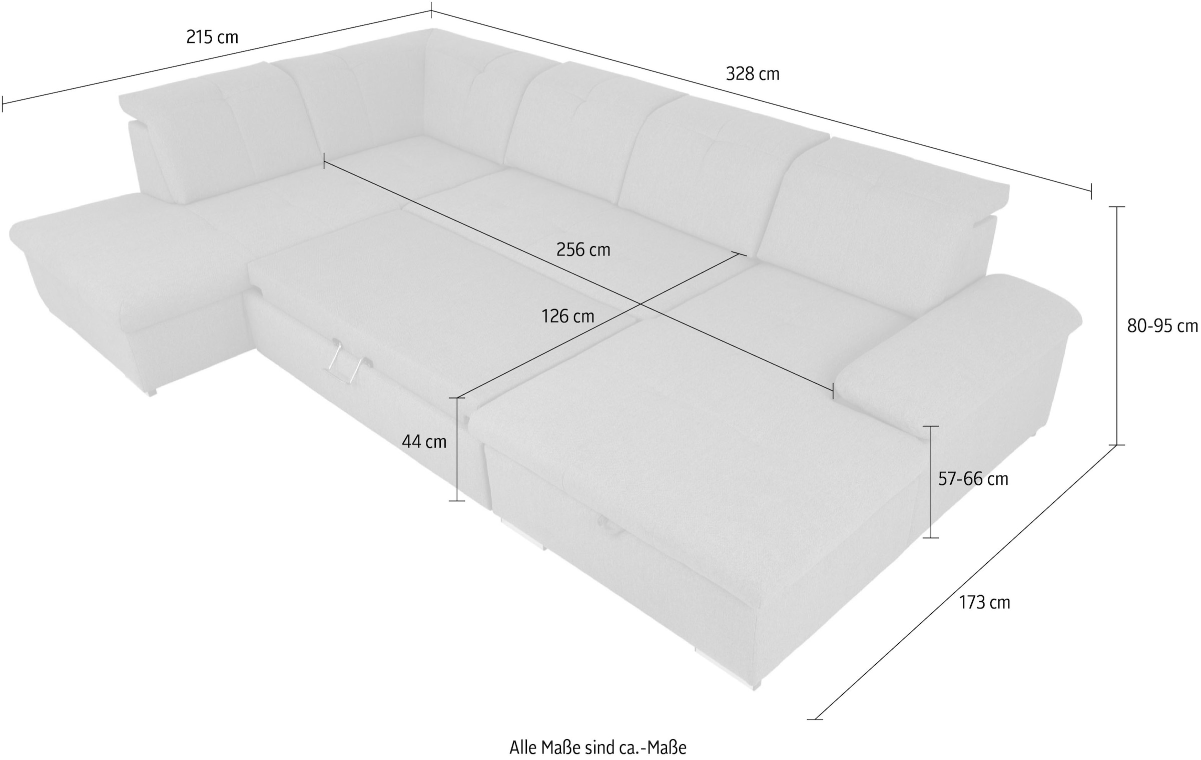 Home affaire Wohnlandschaft »KARDA B/T/H: 328/215/95 cm, Liegefläche 256/126 cm«, verstellbare Kopfstützen und Armlehne, U-form, Bettkasten, Federkern