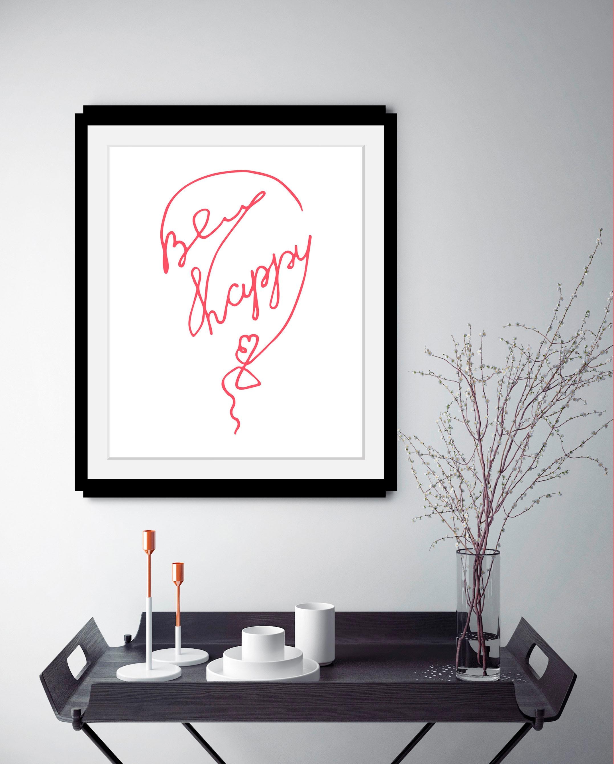 queence Bild »Be Happy«, Schriftzug-Schriftzüge-Herz-Herzbilder-Motivationsbilder, HD Premium Poster-Druck inkl. Holzrahmen