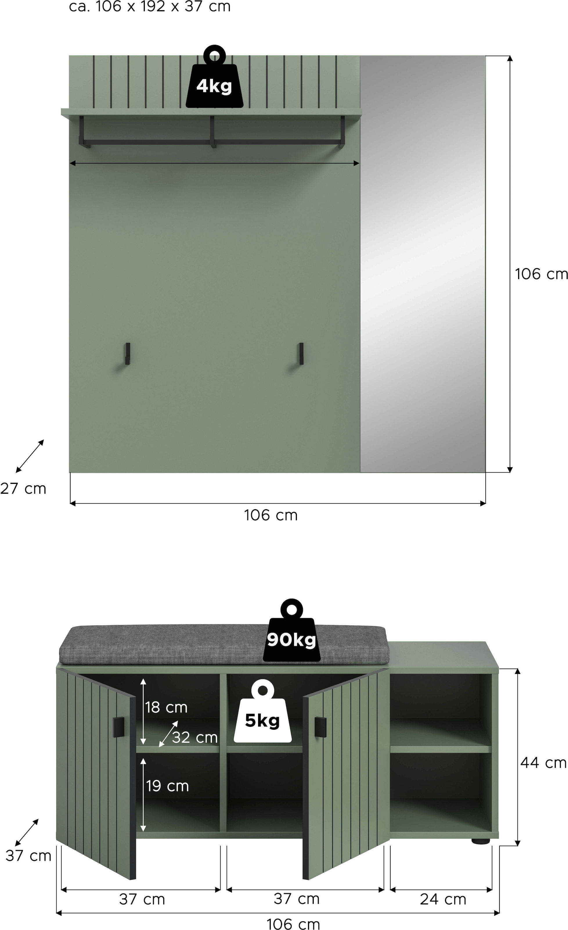 Home affaire Garderoben-Set »TATIO, 3-tlg. Garderobenkombination, Breite: 106 cm, Rillenfräsung« Set, Set, best. aus: 1Paneel, 1 Garderobensitzbank inkl. Kissen, 3 Stk. tlg.