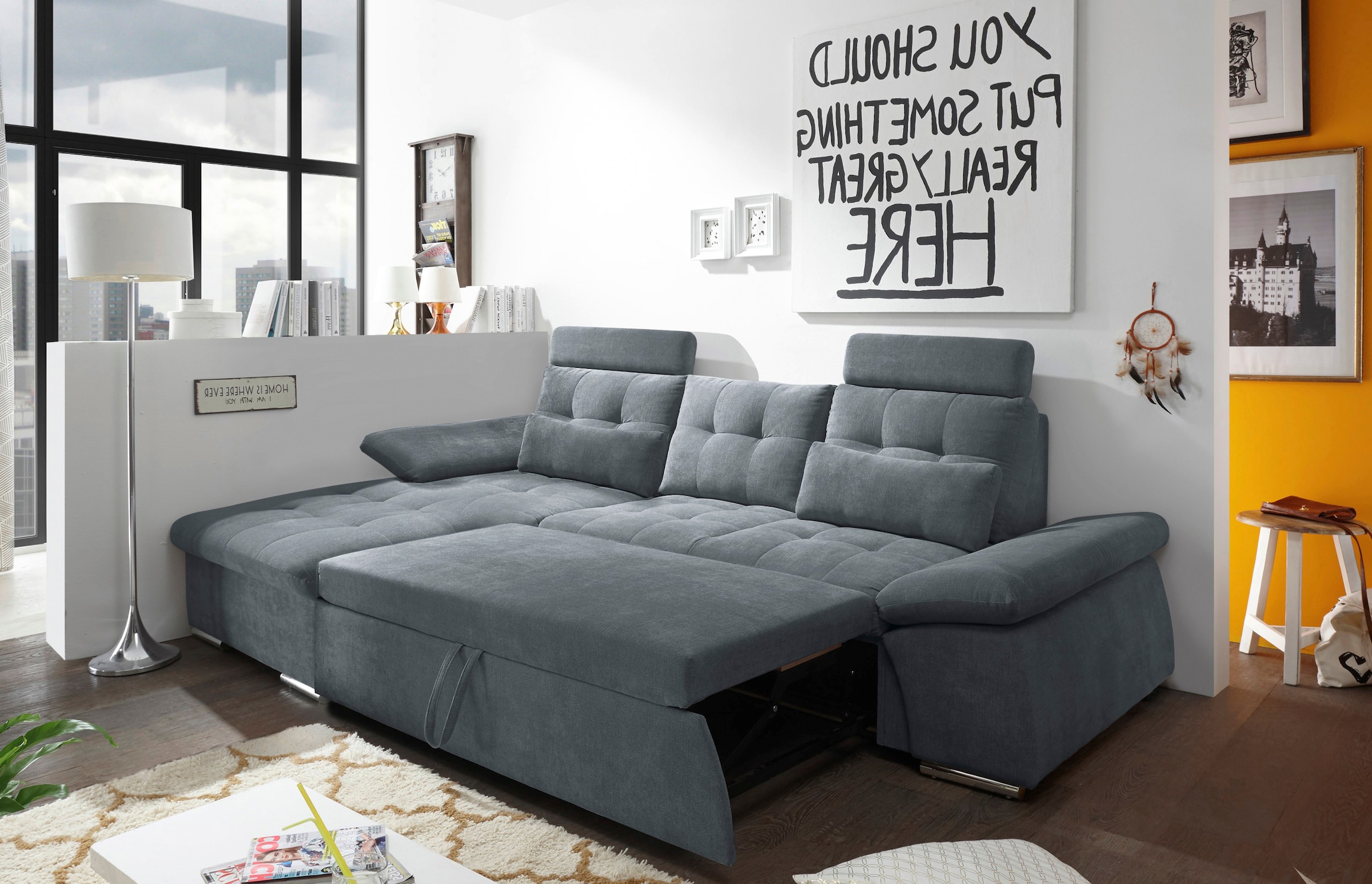 ED EXCITING DESIGN Ecksofa »Nalo L-Form«, mit Bettfunktion, Armteilverstellung, Kopfstützen & 2 Nierenkissen