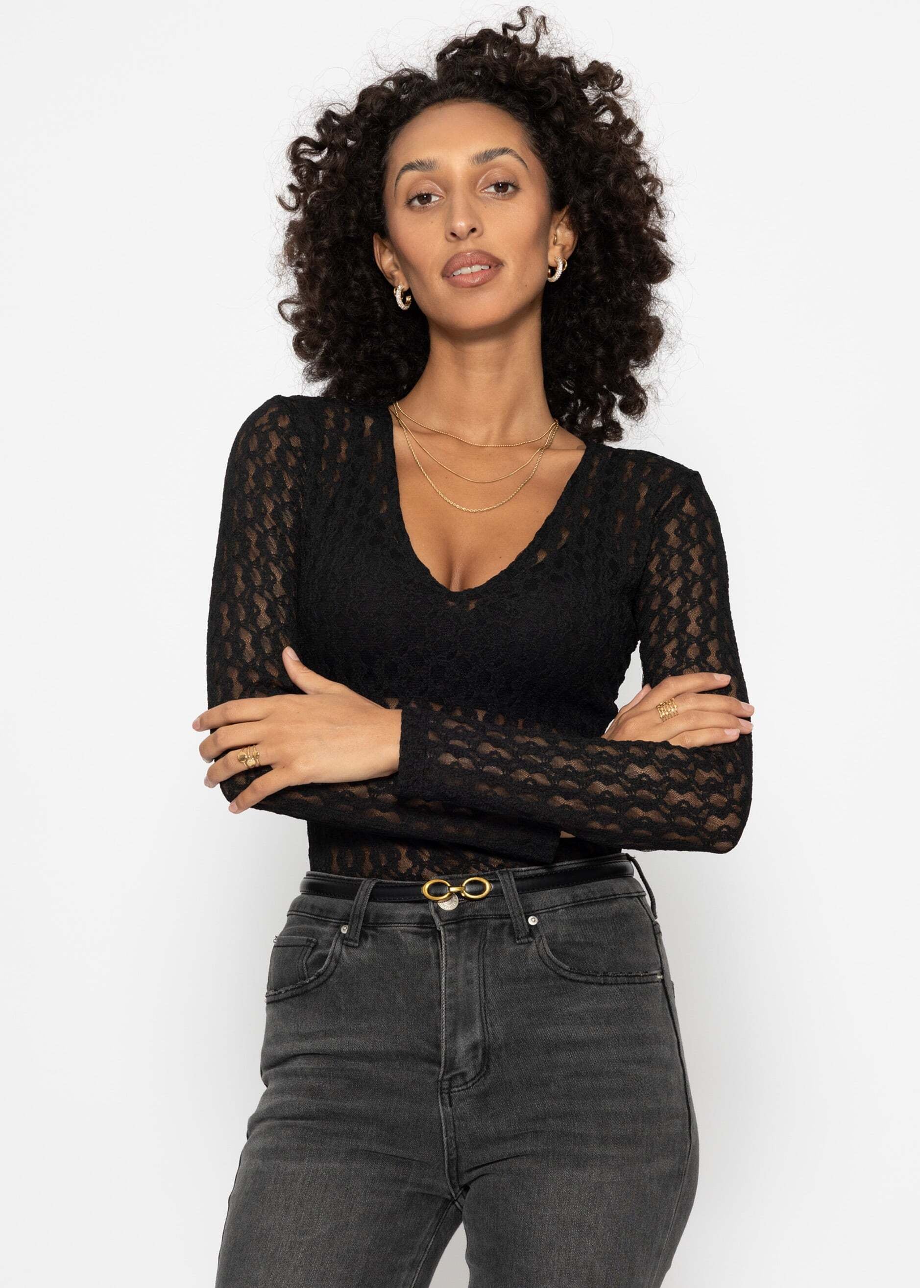 SASSYCLASSY Langarmbody »Spitzenbody mit V-Ausschnitt« Figurbetonter Body mit langen Ärmeln und Druckknopfverschluss Schwarz