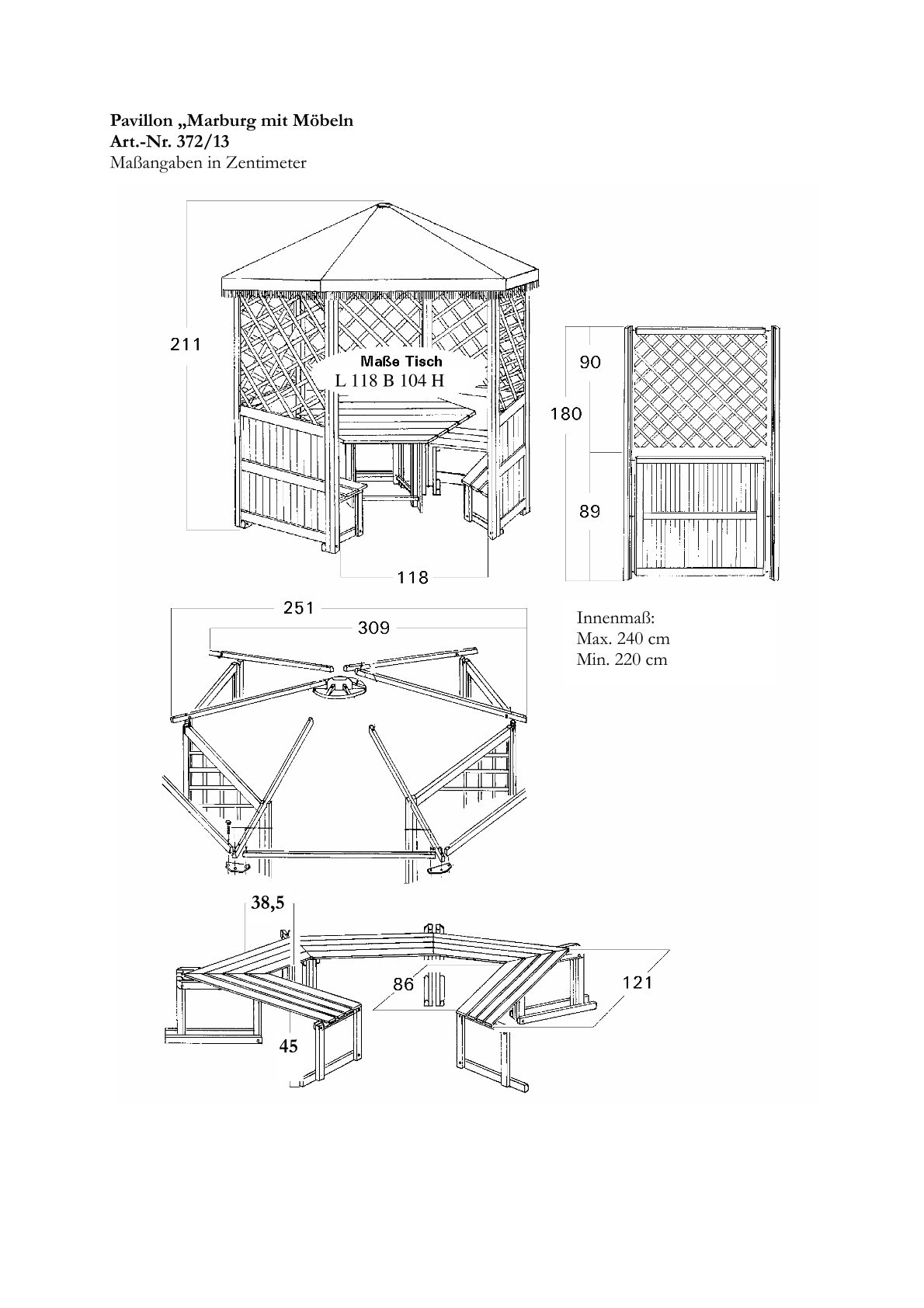 promadino Pavillon »Marburg«, (Set), BxT: 309x309 cm, inkl. Sitzgruppe und Brüstung
