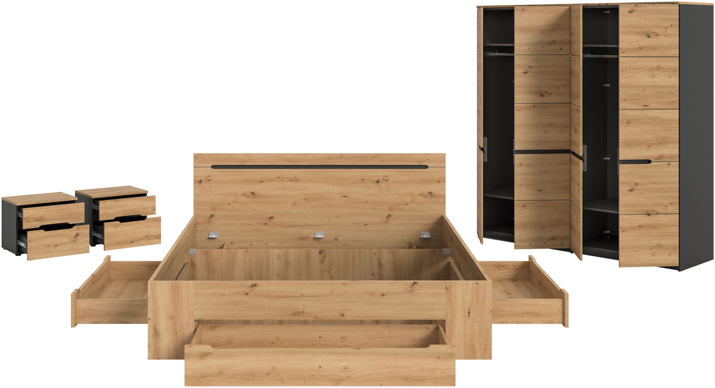 Home affaire Schlafzimmer-Set »REHAT, 4-teilig, best. aus: Bett, Kleiderschrank & 2x Nachtkommode« TOPSELLER!, für Matratzengröße 140x200 cm, viel Stauraum, 4 Stk. tlg. Rehat, Schlafzimmerset, Bett 180x200 cm, Nachttisch, Kleiderschrank