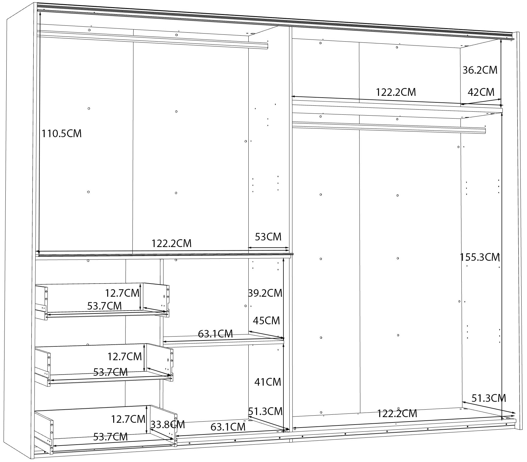 FORTE Schwebetürenschrank, mit 3 Schubladen