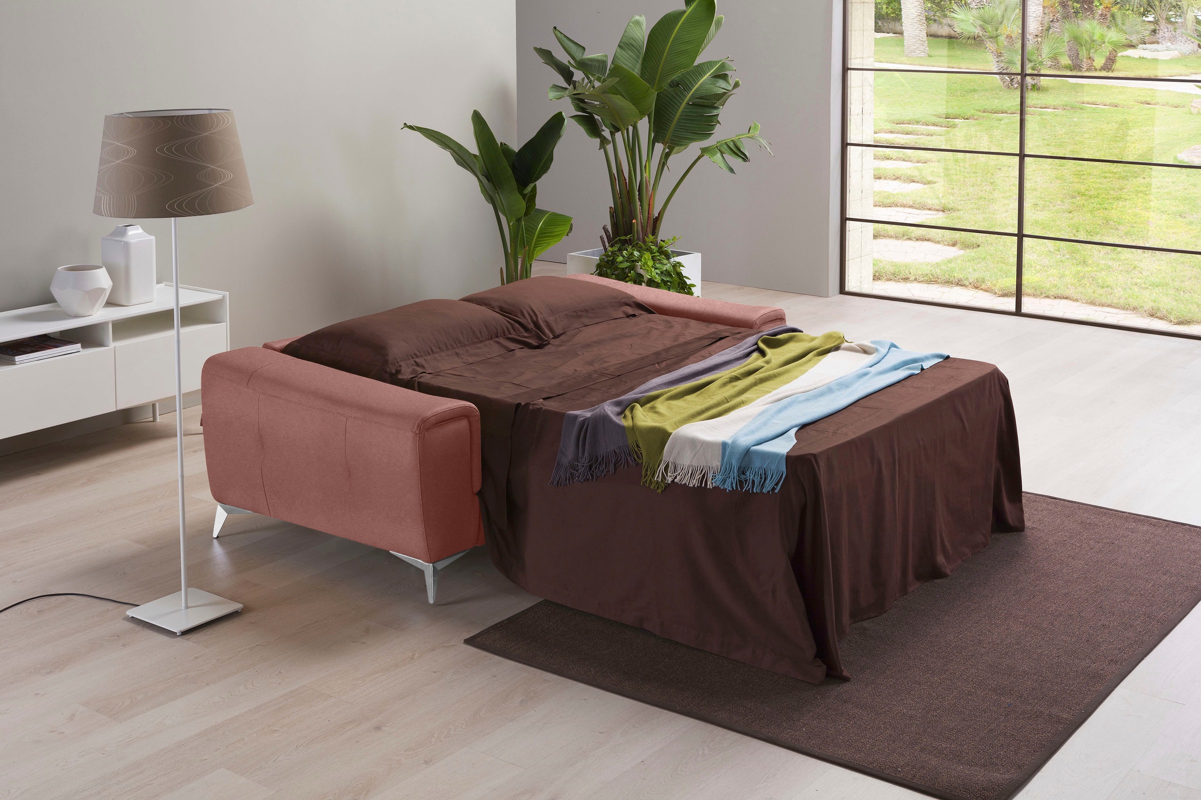 Egoitaliano Schlafsofa »Francine Designsofa, Loungesofa mit Dauerschlaffunktion, Breite 233 cm«, mit Bettfunktion, Luxus-Microfaser BLUSH, cedar wood, Fußfarbe chrom