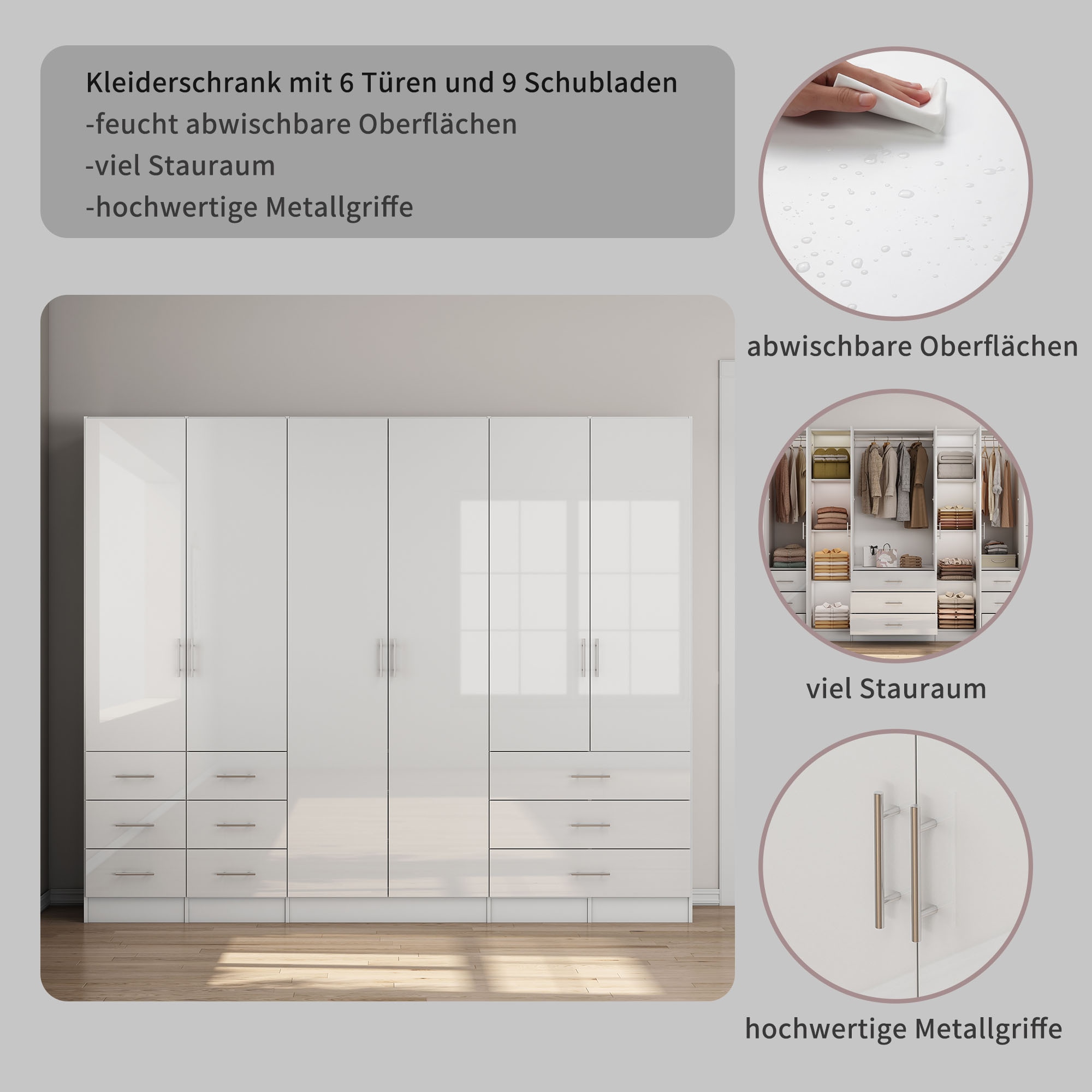 OTTO home Kleiderschrank »Trento Schlafzimmerschrank Garderobe Hochglanz Bestseller« Schrank mit 6 Türen und 9 Schubladen, höchglänzende Fronten