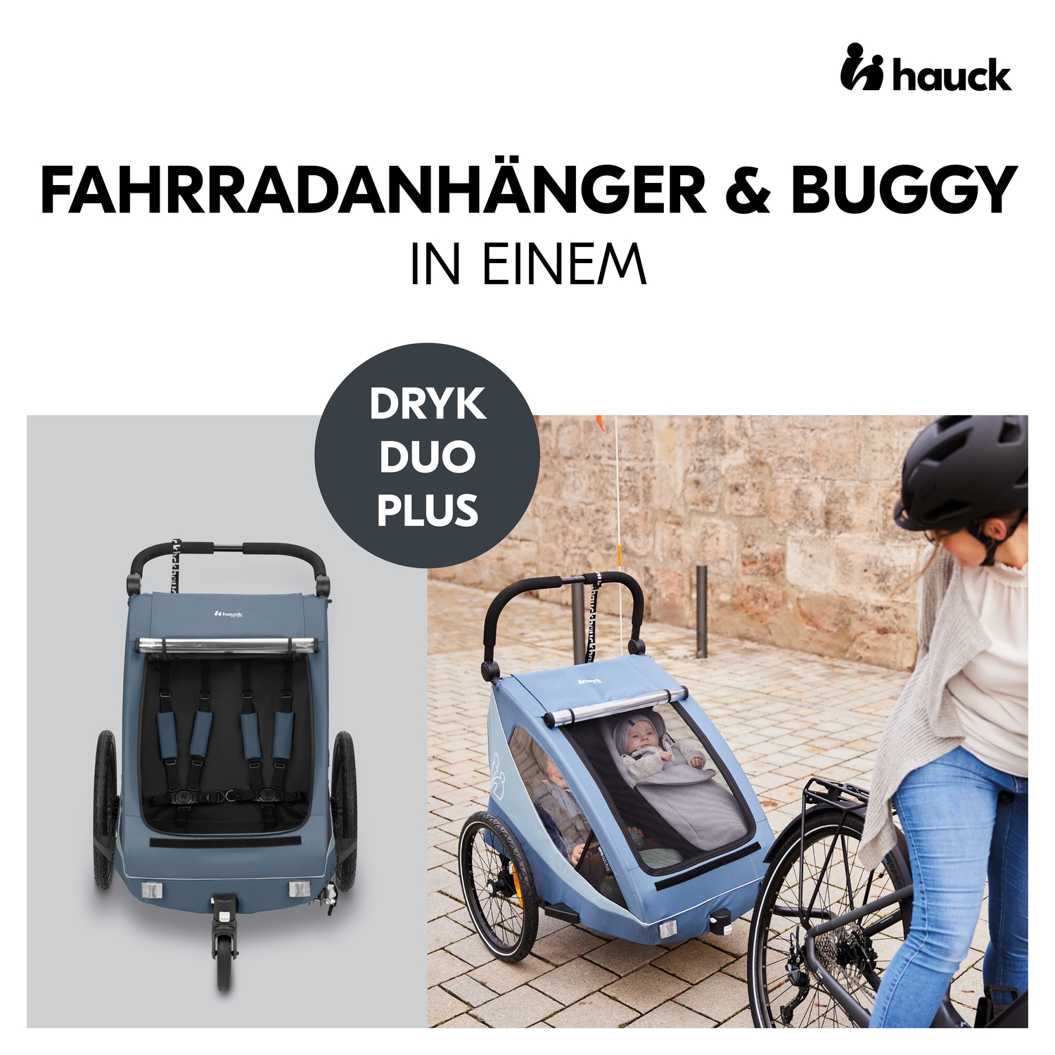 Hauck Fahrradkinderanhänger »2in1 Bike Trailer und Buggy Dryk Duo Plus, dark blue«, für 2 Kinder; inklusive Deichsel