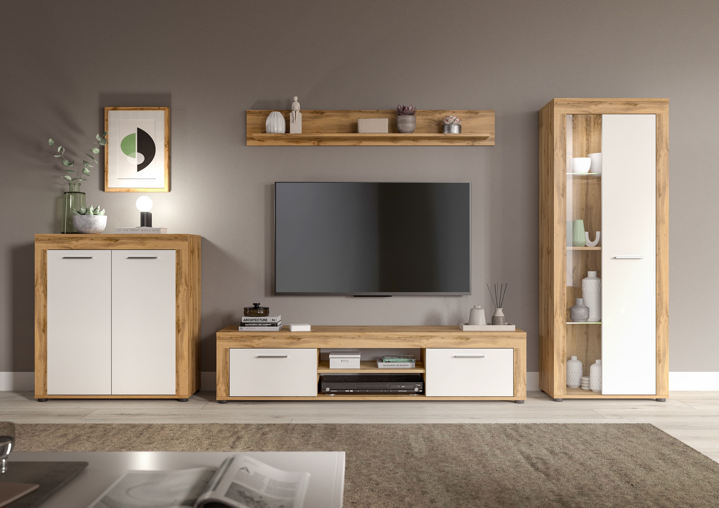 INOSIGN Wohnzimmer-Set »Aosta, Breite 330cm, best. aus Highboard, Lowboard, Wandboard, Vitrine«, (4 St.), Wohnwand, Kombination, Anbauwand, Möbel Set, Schrankwand, Möbel Kombi