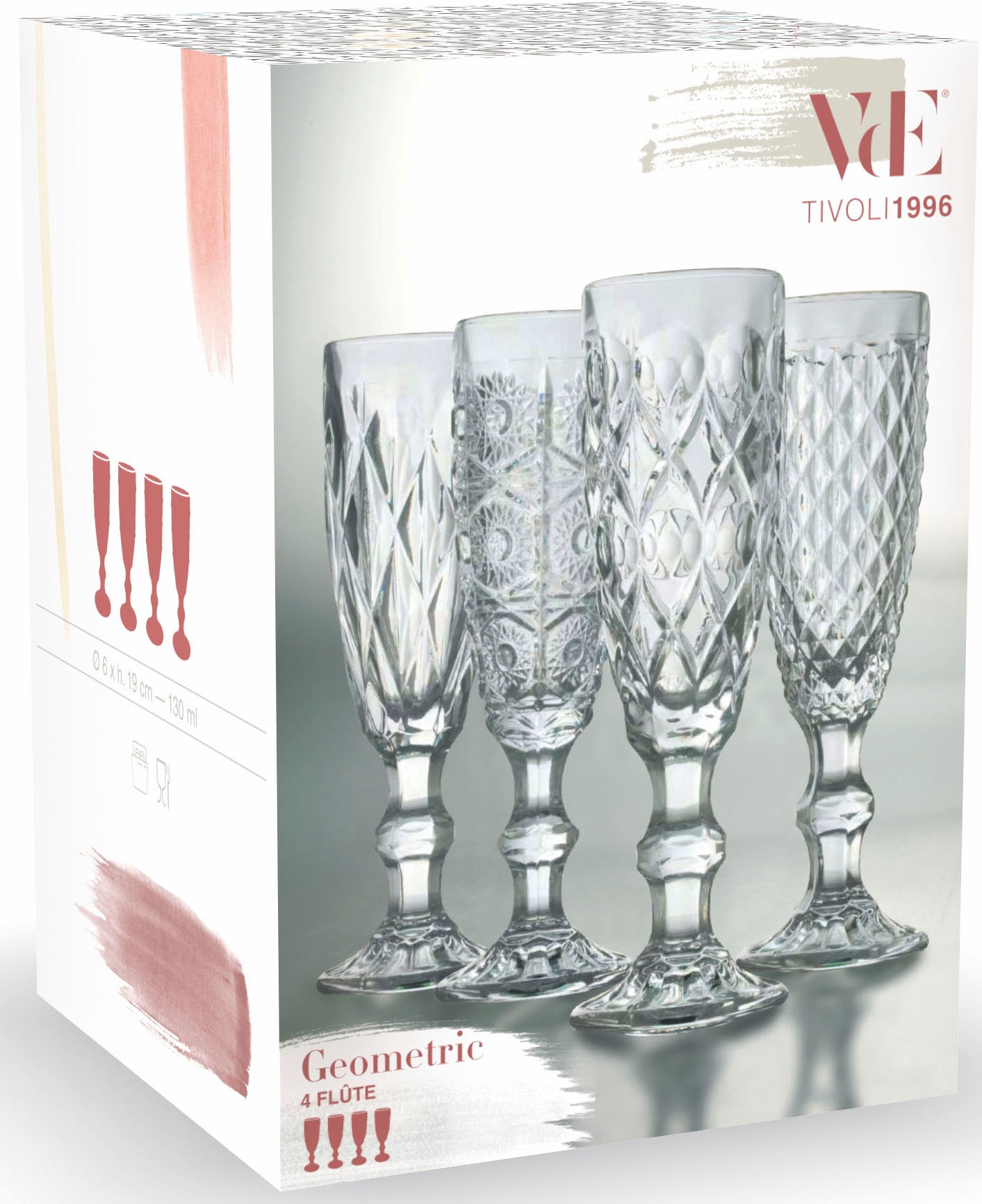 Villa d'Este Sektglas »Geometric«, (Set, 4 tlg.), Gläser-Set, Sektflöten, 4-teilig, Inhalt 130 ml