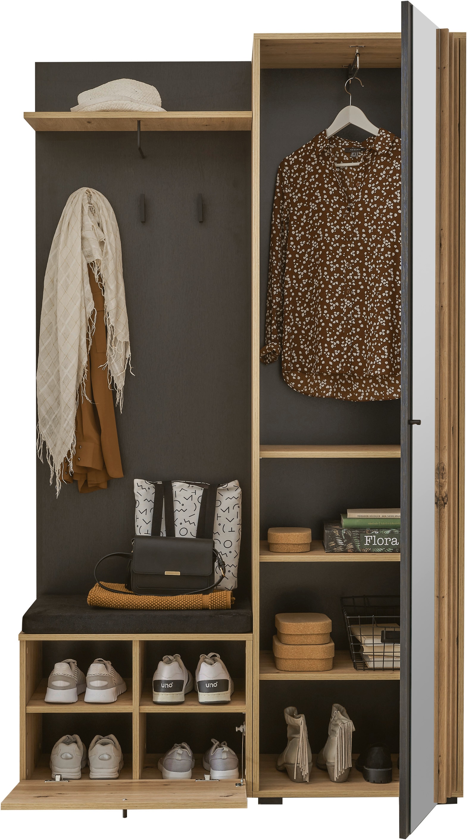 HBZ Kompaktgarderobe »Volano«, (1 St.), schwarz Eiche Artisan, Garderobe mit Spiegelement