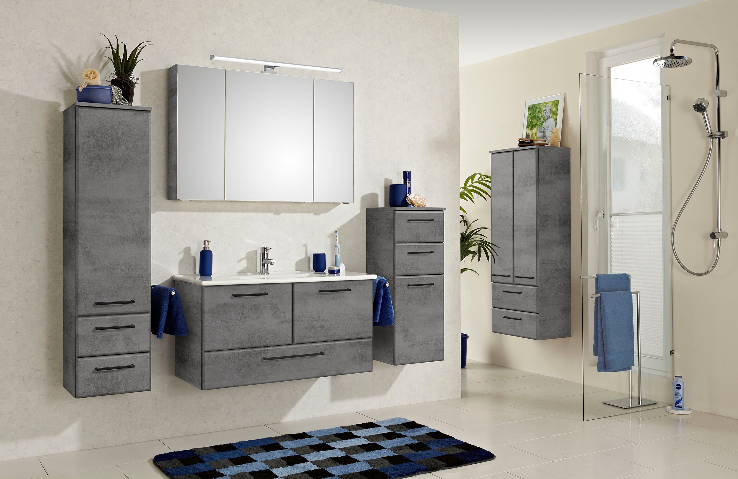 Saphir Midischrank »Quickset 945 Badschrank 50 cm breit, 2 Türen, 2 Schubladen«, Badezimmer-Midischrank inkl. Türdämpfer, Griffe in Chrom glänzend