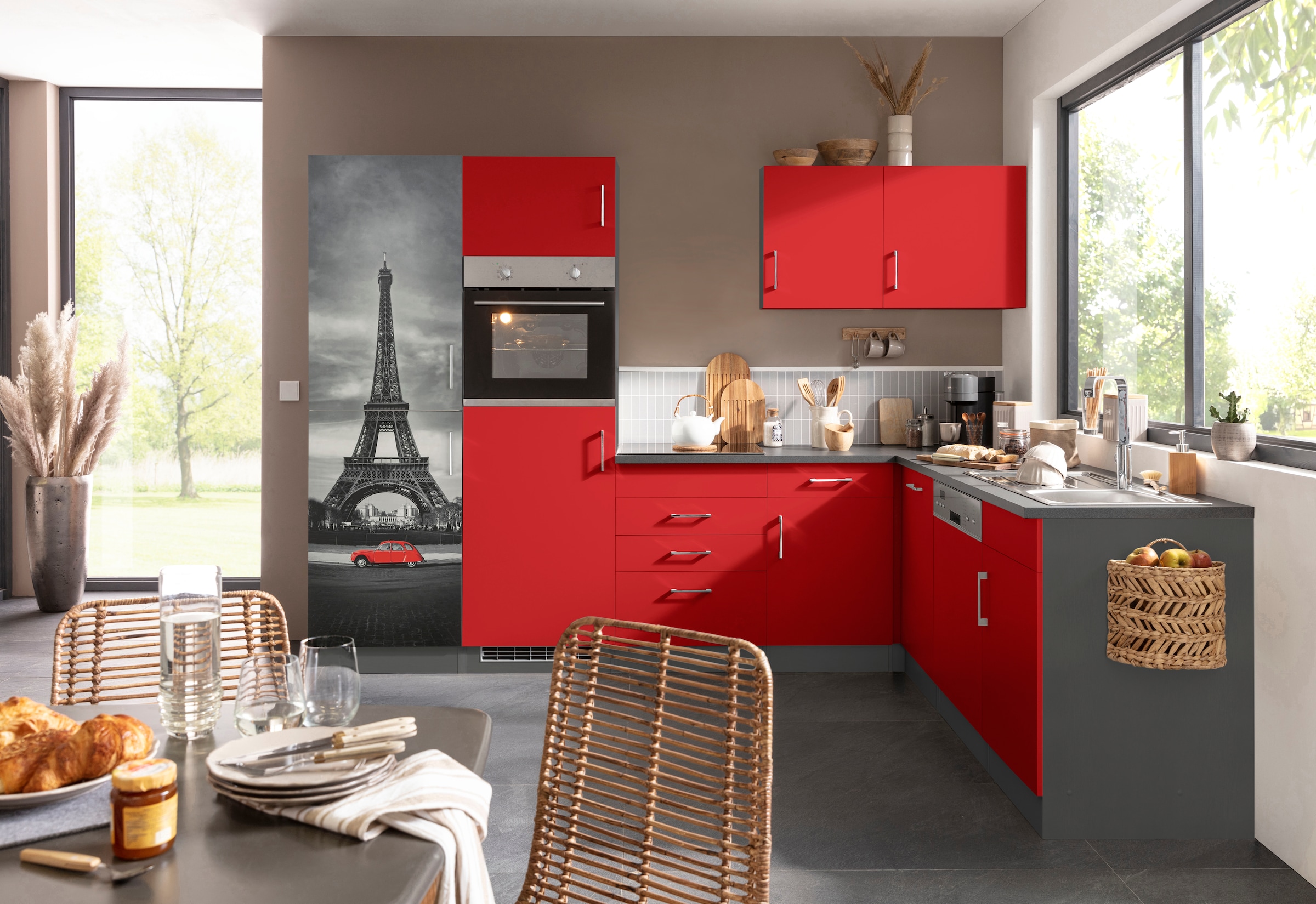 KOCHSTATION Küchenzeile »KS-Paris – Küchen mit einzigartigen Fotomotiven auf den Fronten« Stellbreite 290/220 cm, wahlweise mit E-Geräten und Induktion