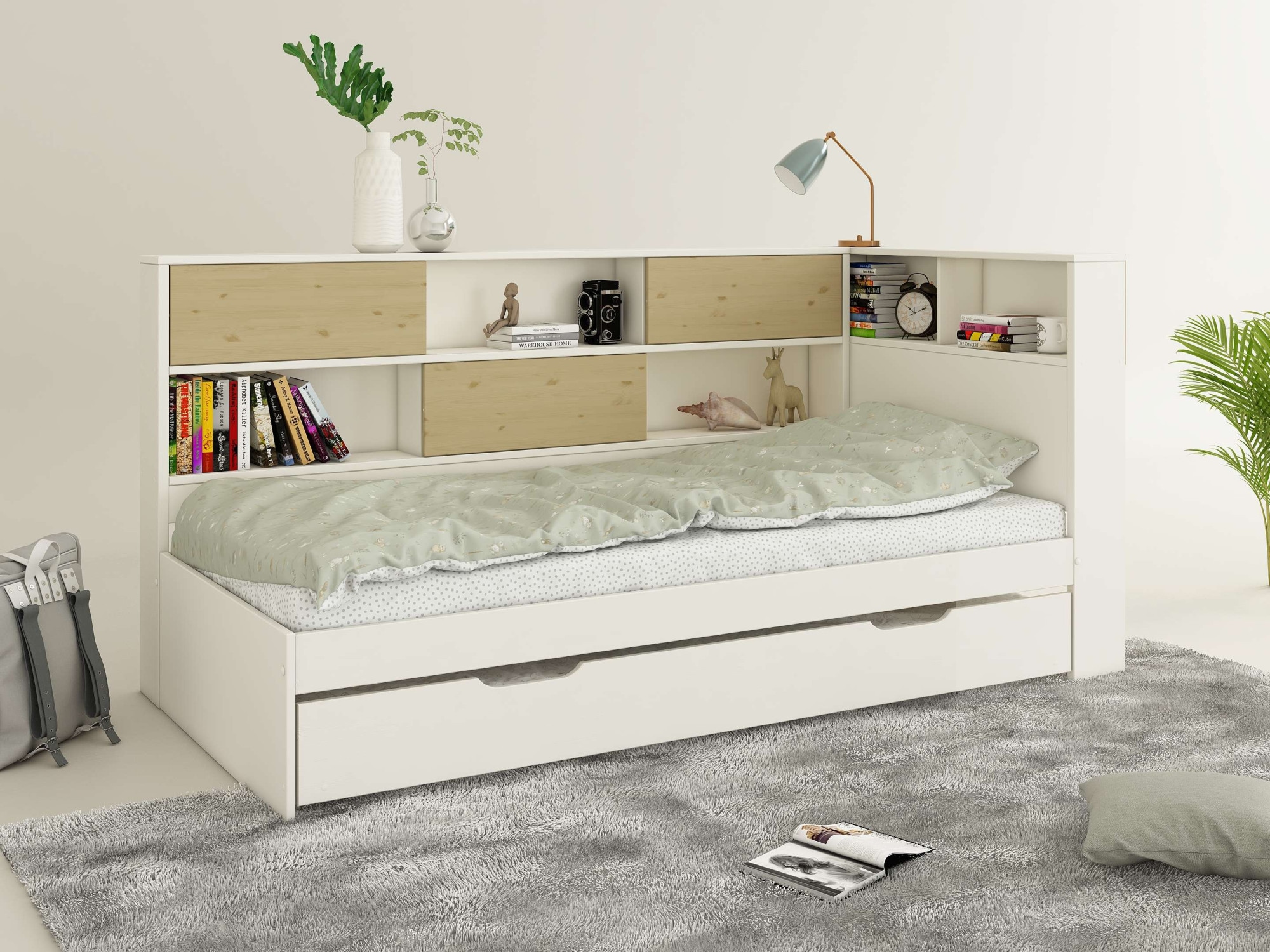 Home affaire Stauraumbett »Amance, Massivholz mit MDF, stabil und langlebig, viel Stauraum«, (Außenmaße B/T/H: 110,2/220,1/106,9 cm), FSC® zertifiziert, inklusive Lattenrost, Made in EU