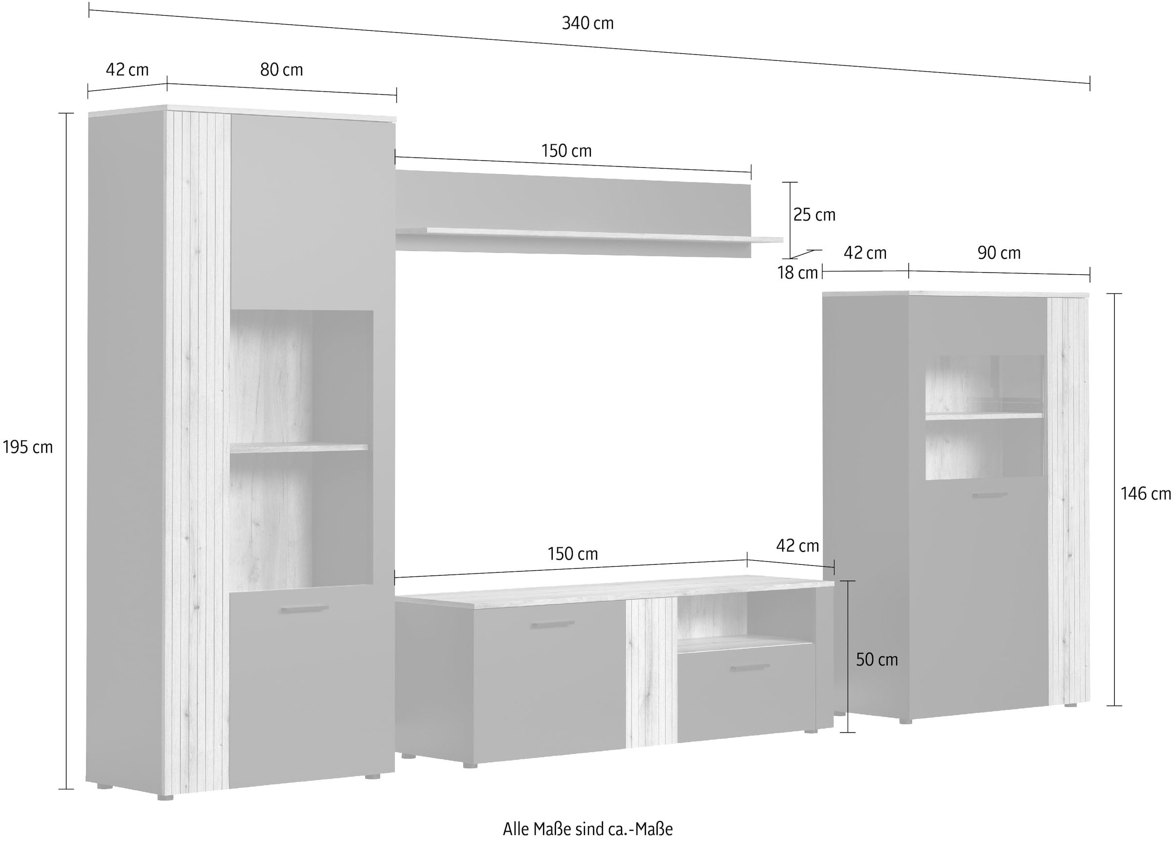 INOSIGN Wohnwand »Estepona«, (Komplett-Set, 4 St.), Wohnzimmermöbel mit Rillenoptik - (B/T/H): 340/42/195 cm