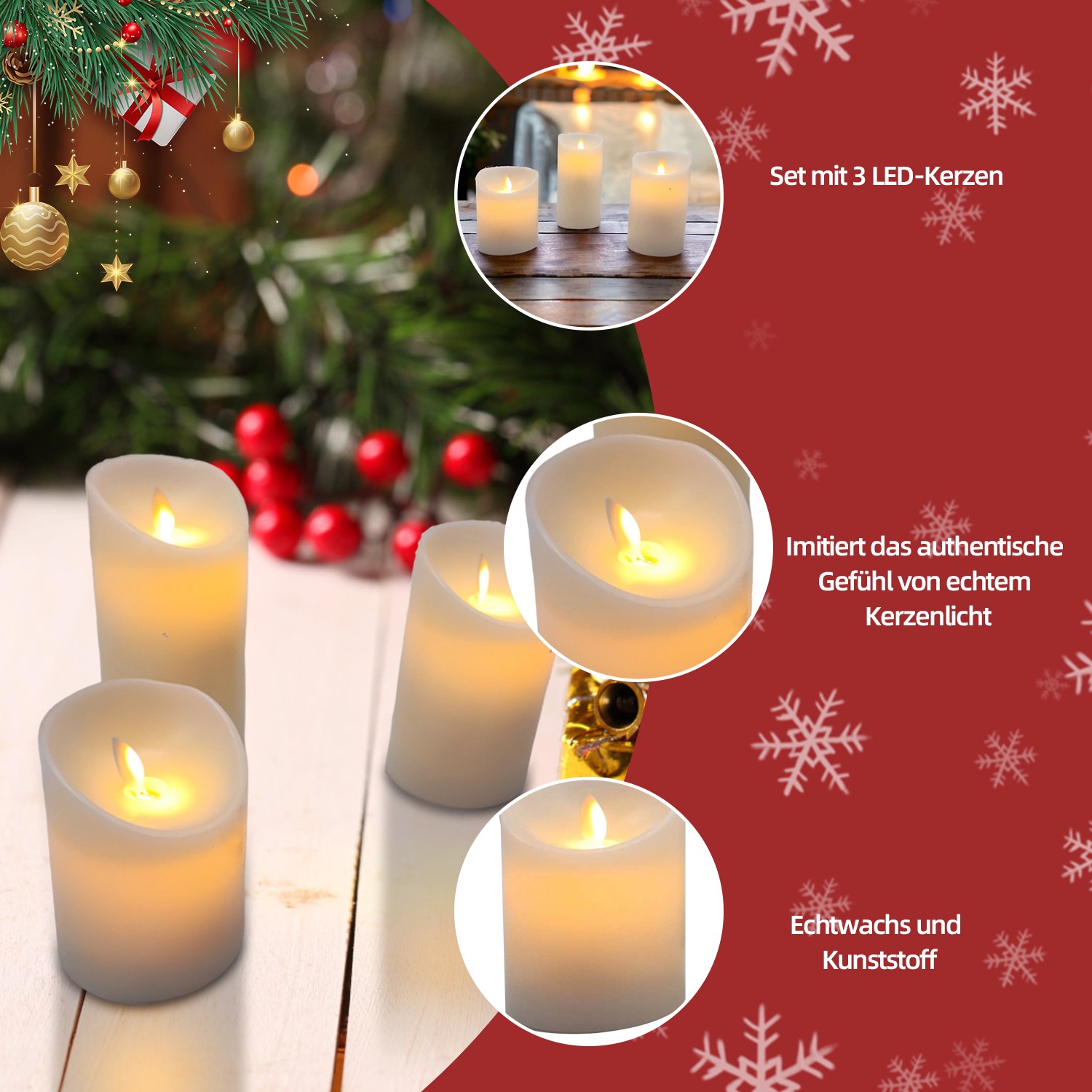 SHX LED-Kerze »LED-Kerzen mit Fernbedienung/Timer 3er Set«