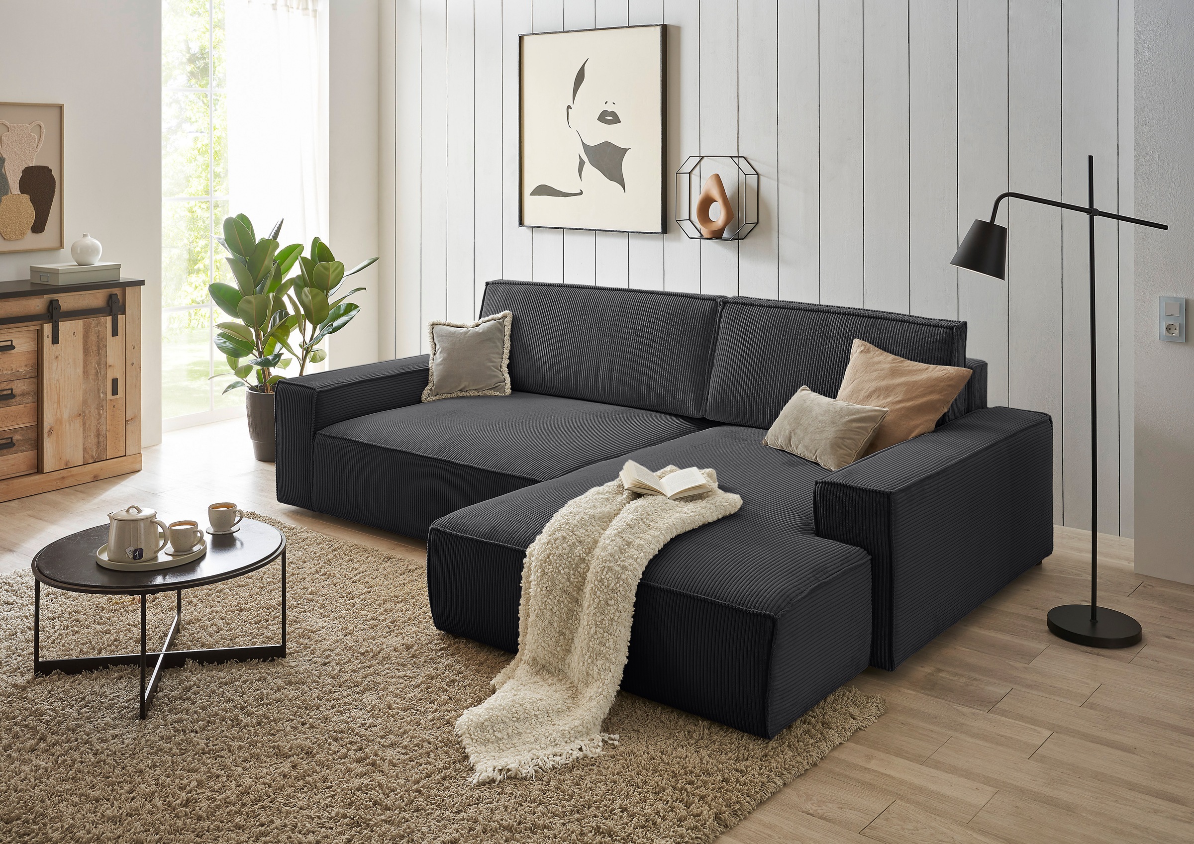 Home affaire Ecksofa »NEU: SHERWOOD XXL 284, Big-Sofa L-Form, tiefe Sitzfläche 95 cm, Cord« Recamiere rechts/links, als Schlafsofa stellbar, Cord u. Leinenoptik