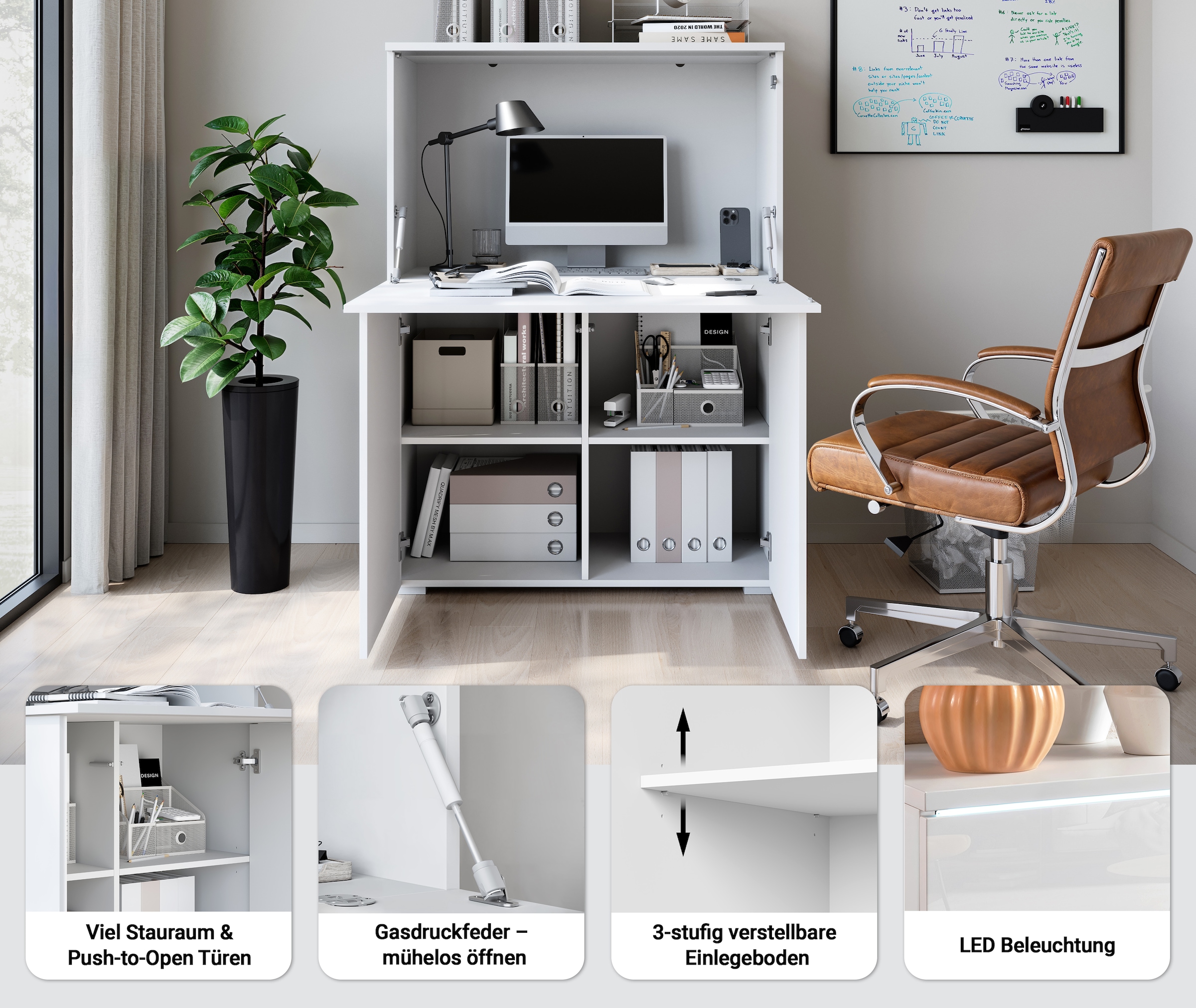 INOSIGN PC-Schrank »Vera, Sekretär, Home-Office-Schreibtisch« 1 Stk. tlg. Multifunktional mit Stauraum, klappbare Tischfläche, LED, B 90 cm