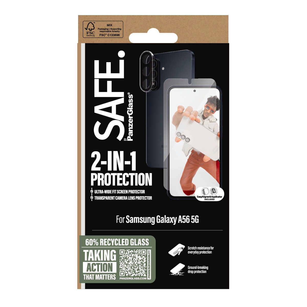 SAFE by PanzerGlass Displayschutzglas »2-in-1 Protection Ultra-Wide Fit Screen + Camera Lens Protection«, für Samsung Galaxy A56 5G, Displayschutzfolie, Schutzfolie, Bildschirmschutz, kratz- & stoßfest