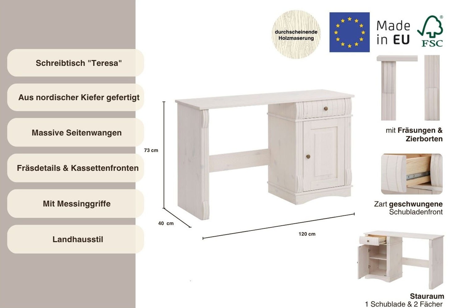 Home affaire Schreibtisch »Teresa«, Computertisch mit Schubladen, Massivholz, Breite 120 cm