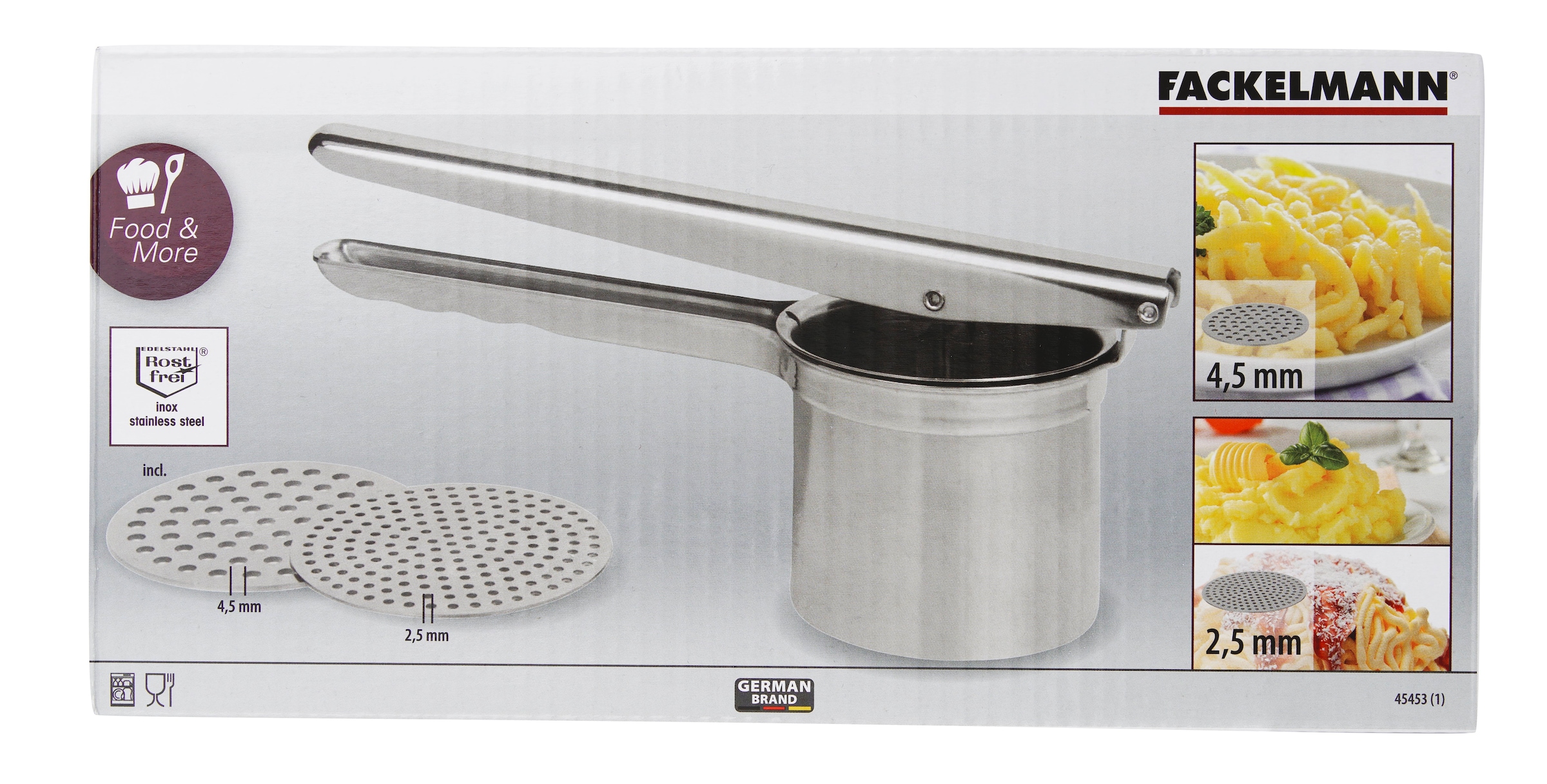 FACKELMANN Spätzlepresse »Spätzle- und Kartoffelpresse aus Edelstahl« inklusive 2 Lochscheiben, rostfrei und spülmaschinengeeignet
