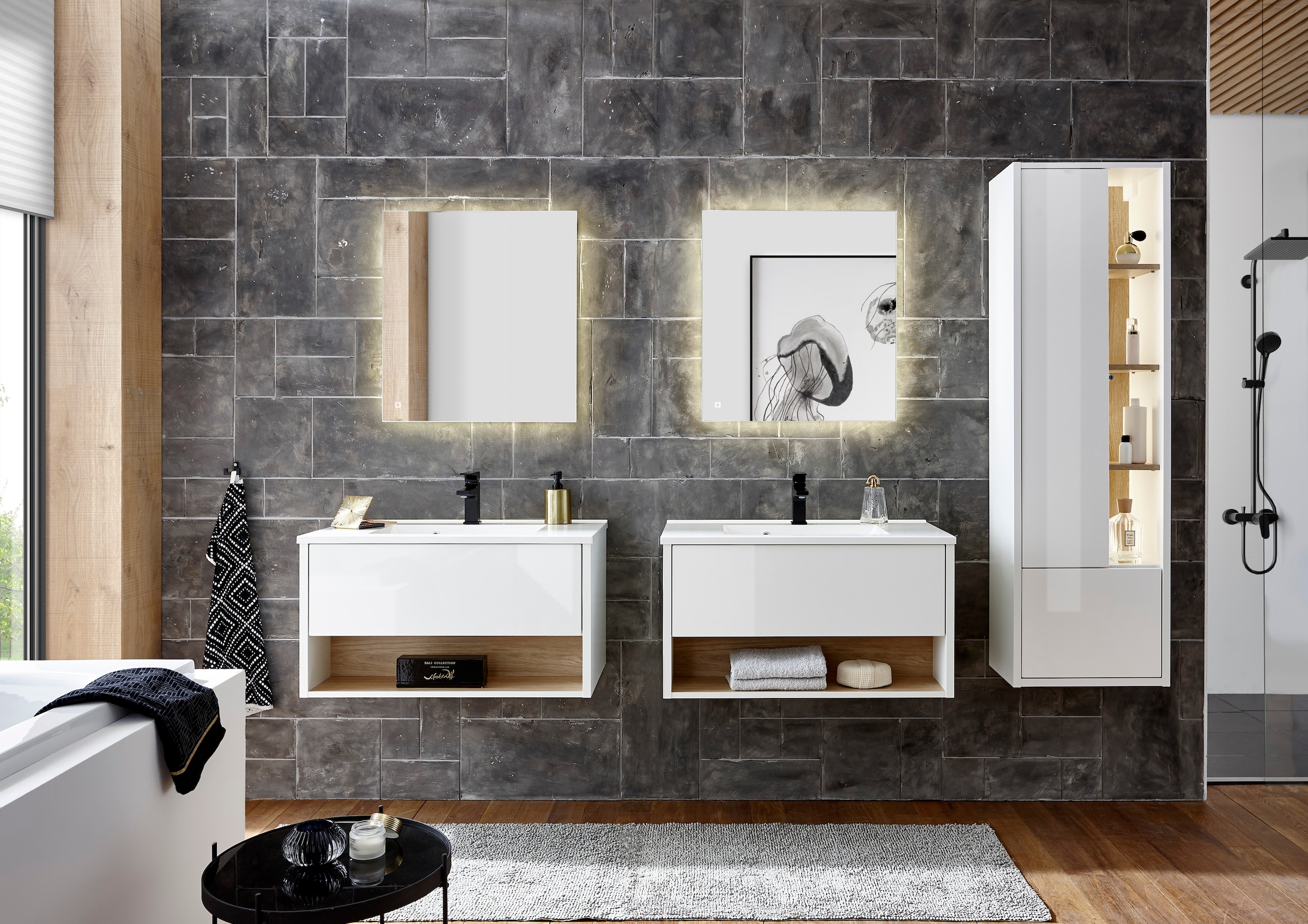 Places of Style Badmöbel-Set »Studio Line, Bad im modernen Design, 5-teiliges Badezimmer«, (5 St.), Schrank, Waschtisch und Spiegel, in zwei Farben verfügbar, Stauraum