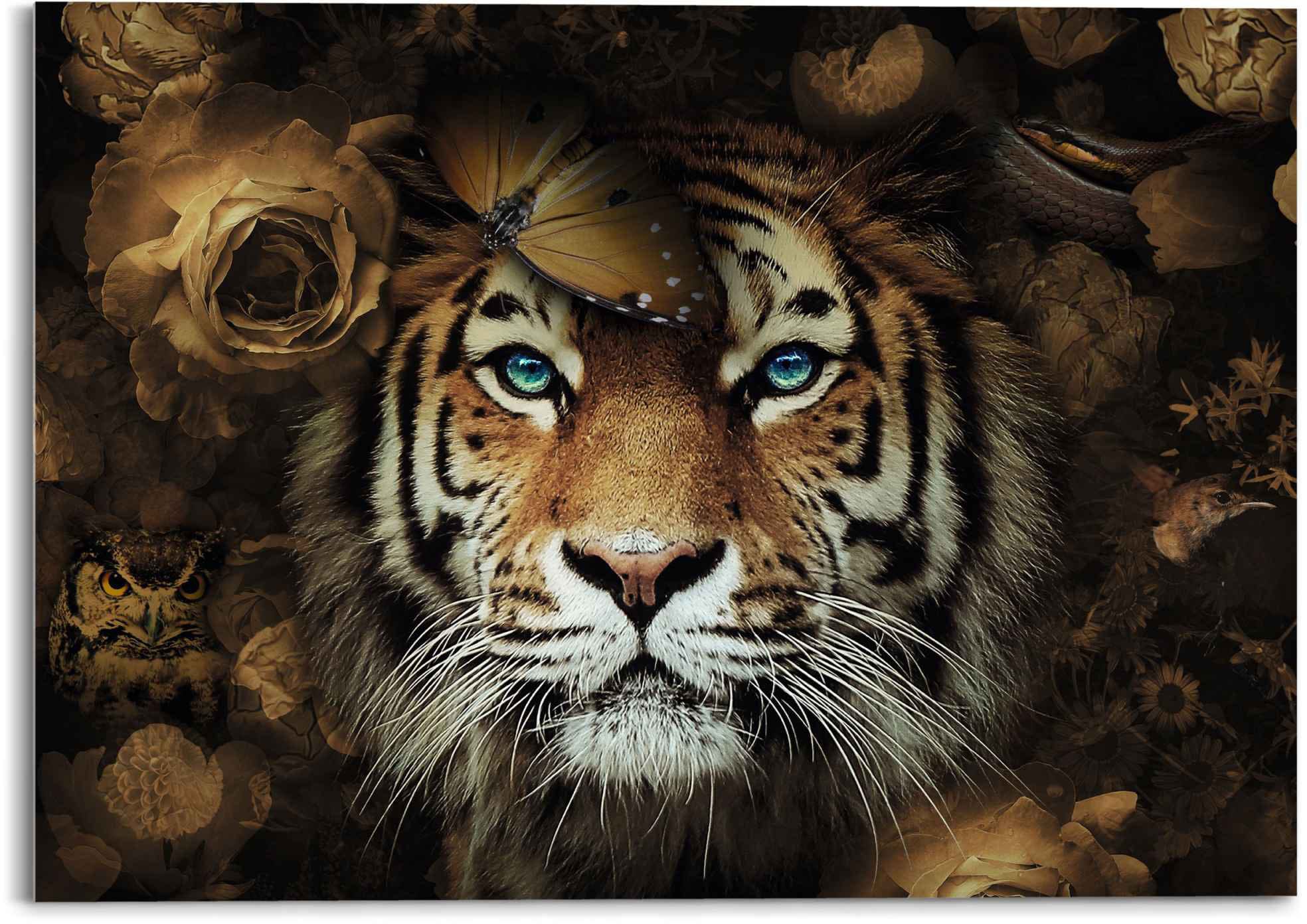Glasbild »Glasbild Tiger Tierreich - Blumen - Herbstfarben - Blaue Augen«, Tiger, (1 St.)