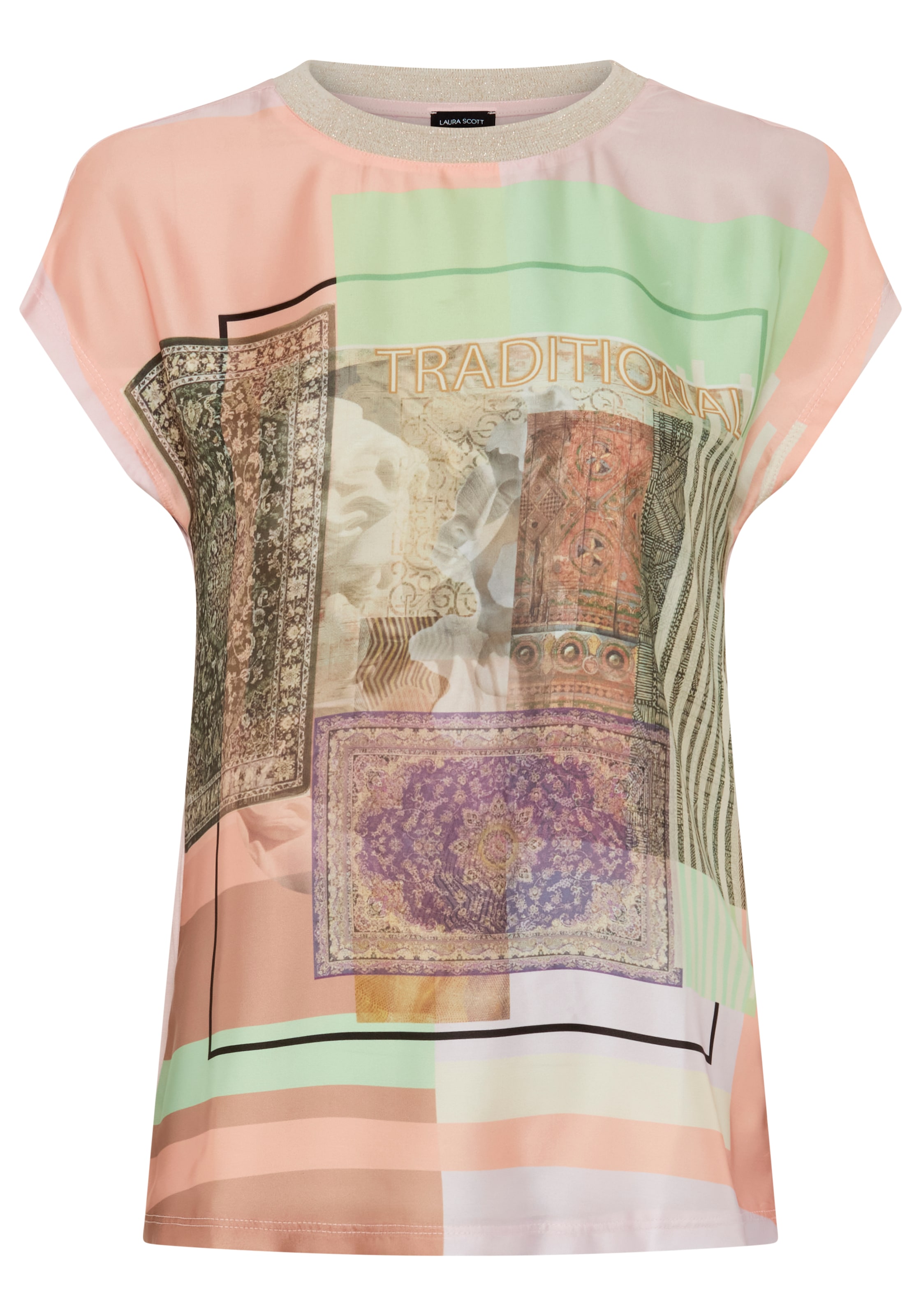 Laura Scott Shirtbluse Kurzarm, U-Boot-Ausschnitt, Materialmix aus Satin und Jersey