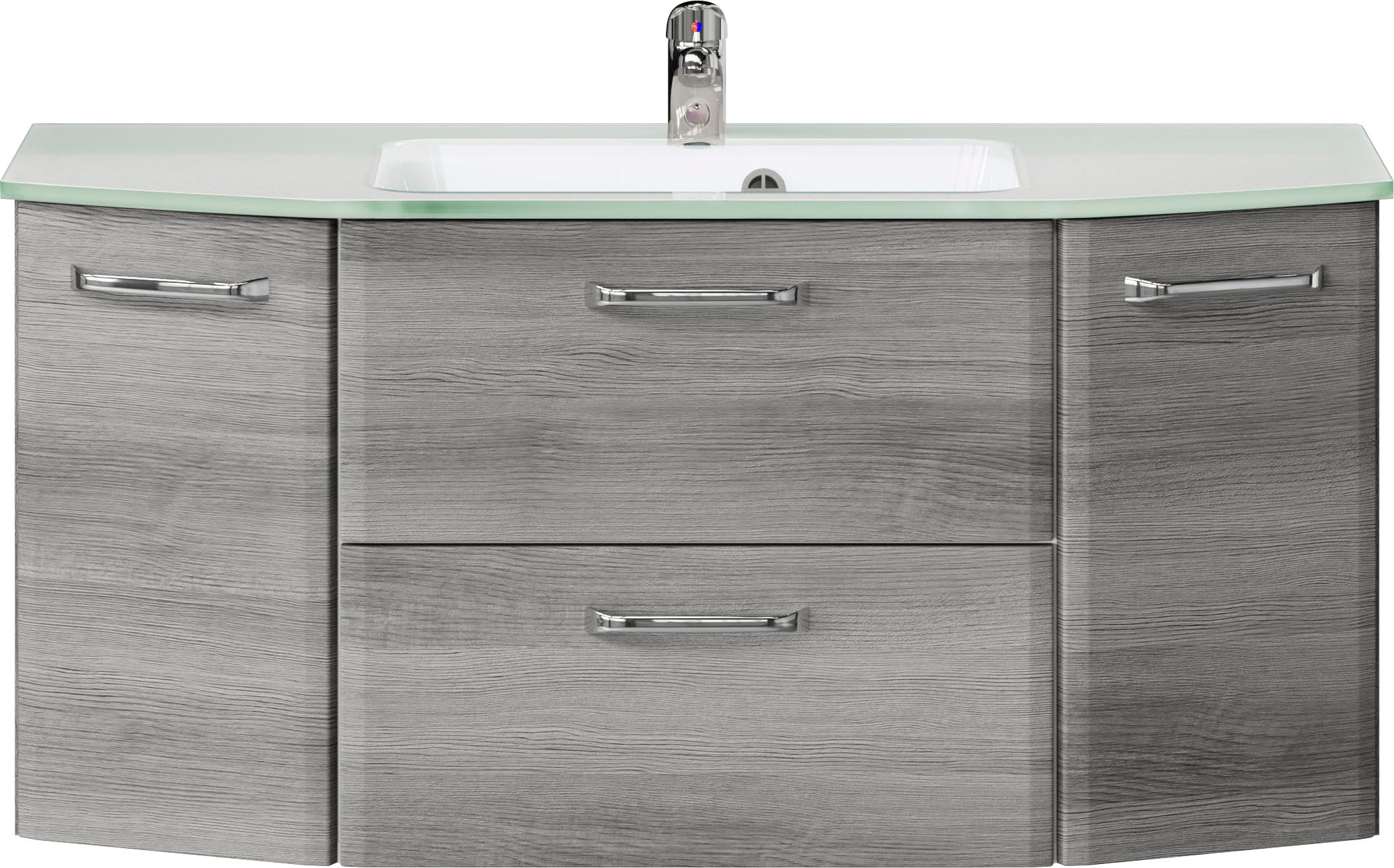 Saphir Waschtisch »Quickset Waschplatz inkl. Glaswaschtisch, 112 cm breit, 2 Türen«, Unterschrank mit Waschbecken, inkl. Türdämpfer, Griffe Chrom Glanz