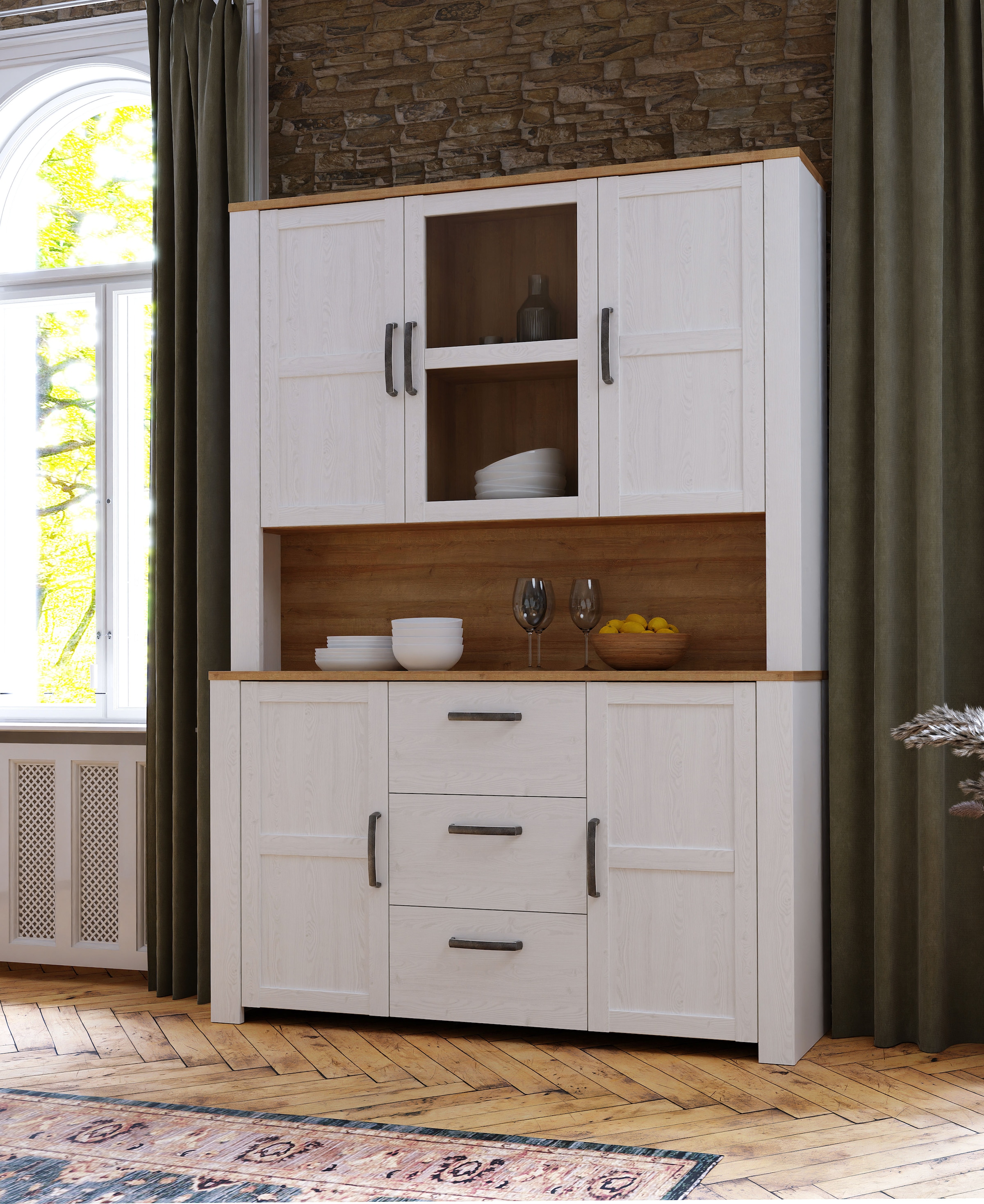 FORTE Buffet »Bohol, großes Highboard,4Türen, 1 Glastüre, 3 Schubkästen« B/H/T 146,1/205,4/42 cm, sehr viel Stauraum